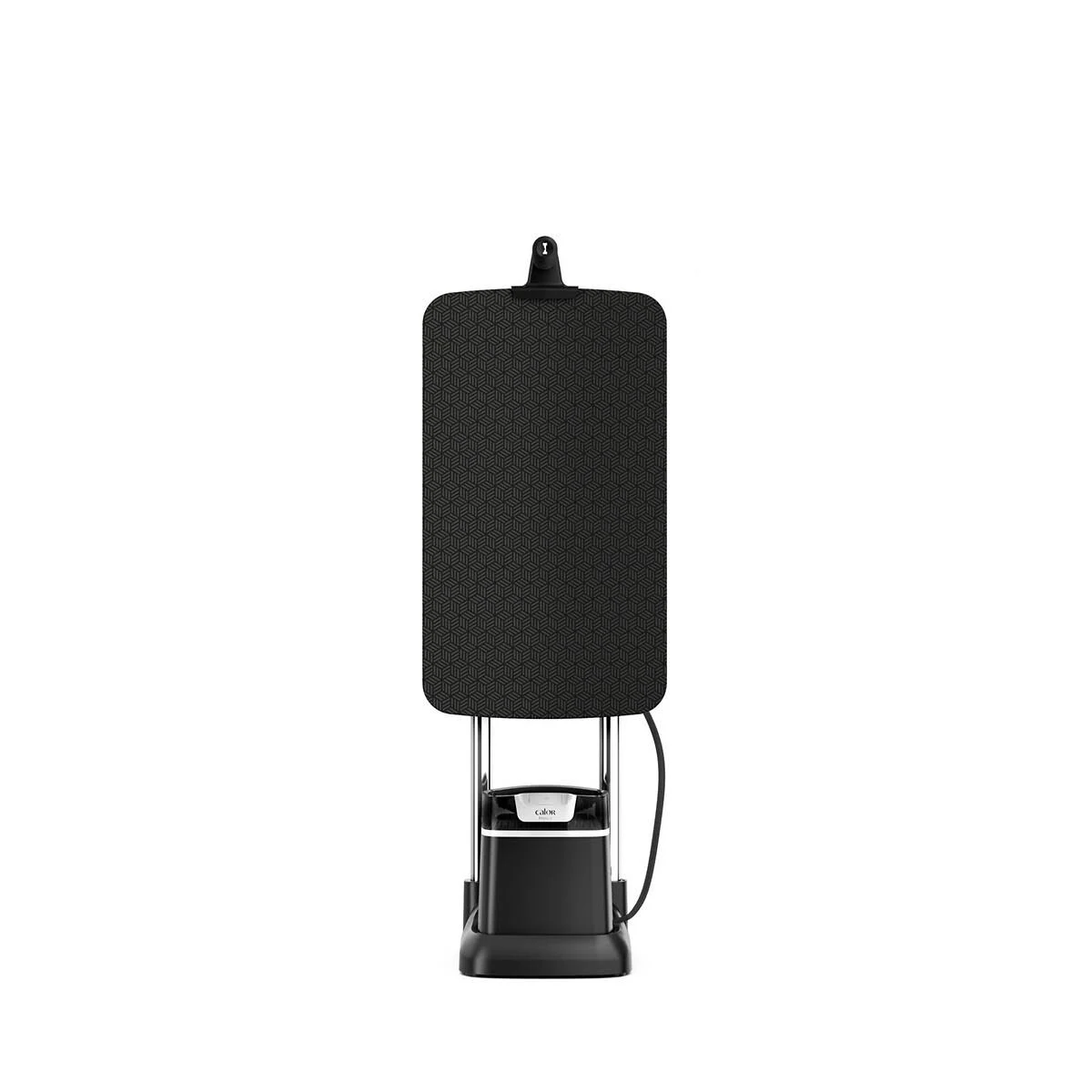 Vaporizzatore per indumenti nero e bianco con asse da stiro nero.