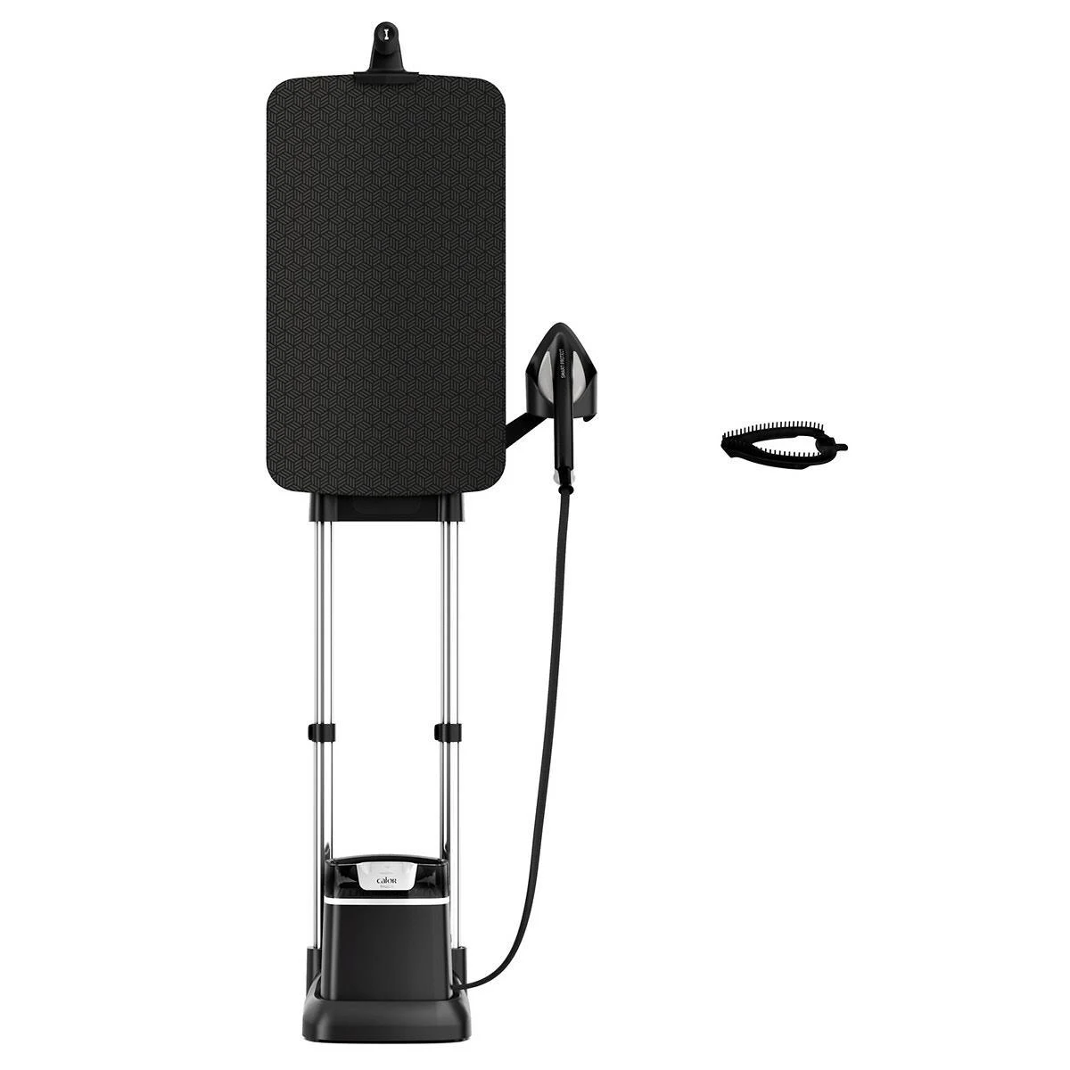 Uno steamer per indumenti nero con un'asse verticale.