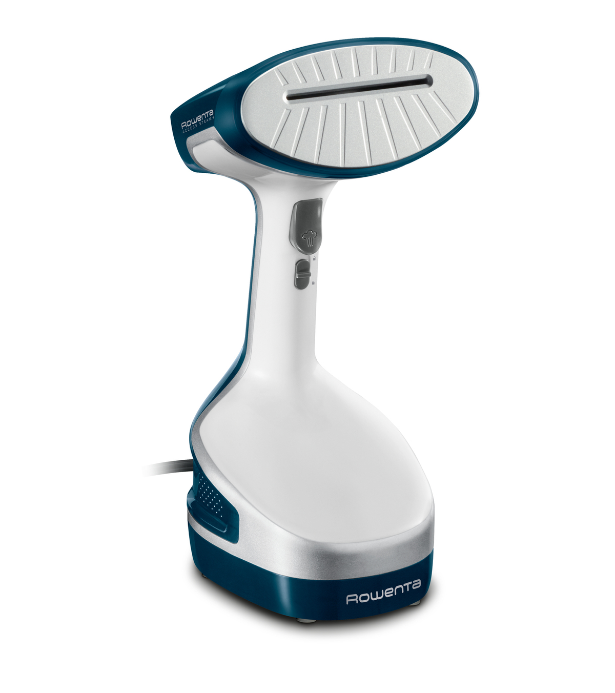 Un vaporizzatore per indumenti Rowenta bianco e blu scuro su sfondo bianco. Ha una testa curva.