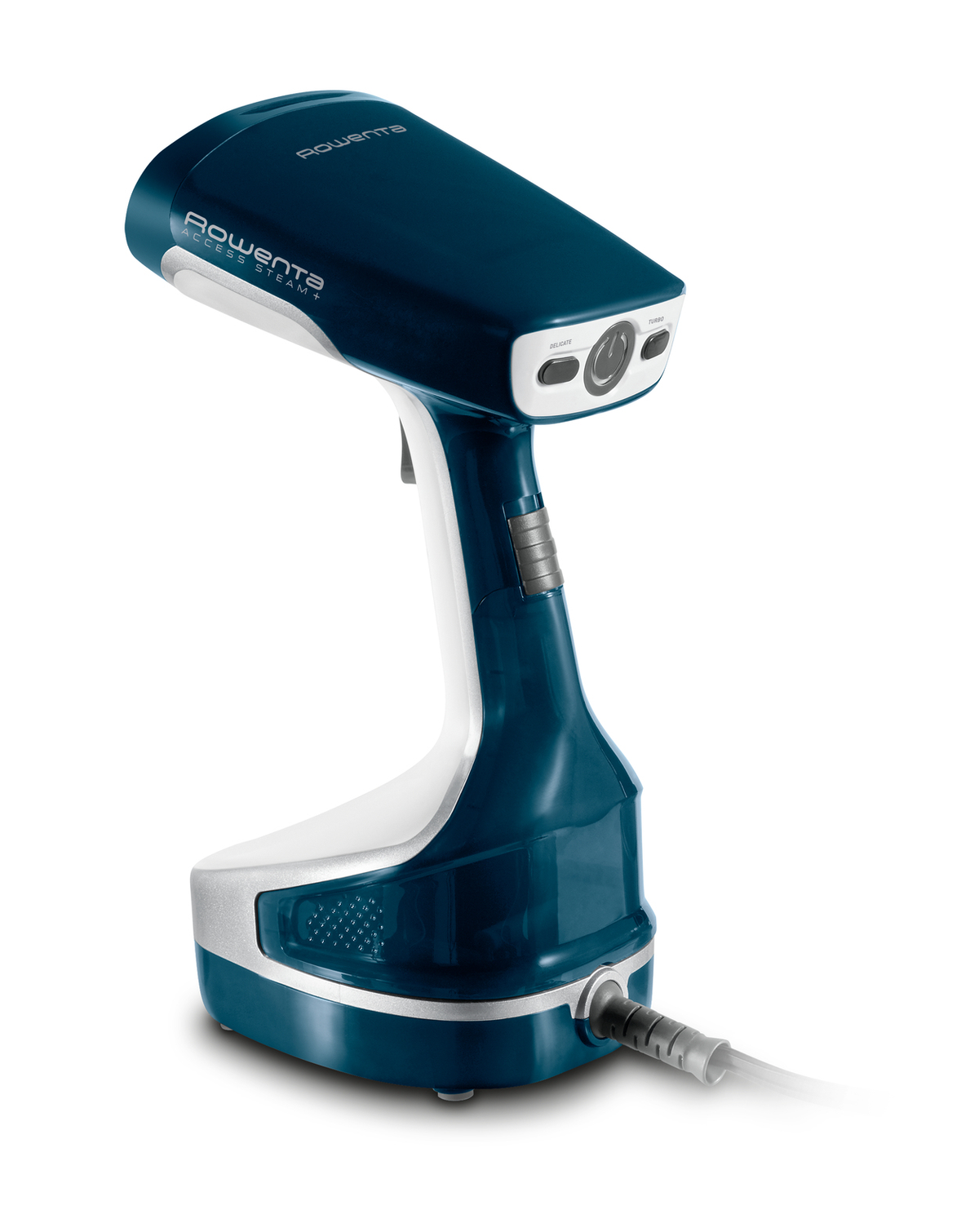 Vaporizzatore portatile blu e bianco con cavo di alimentazione, su sfondo bianco. Il marchio è Rowenta.