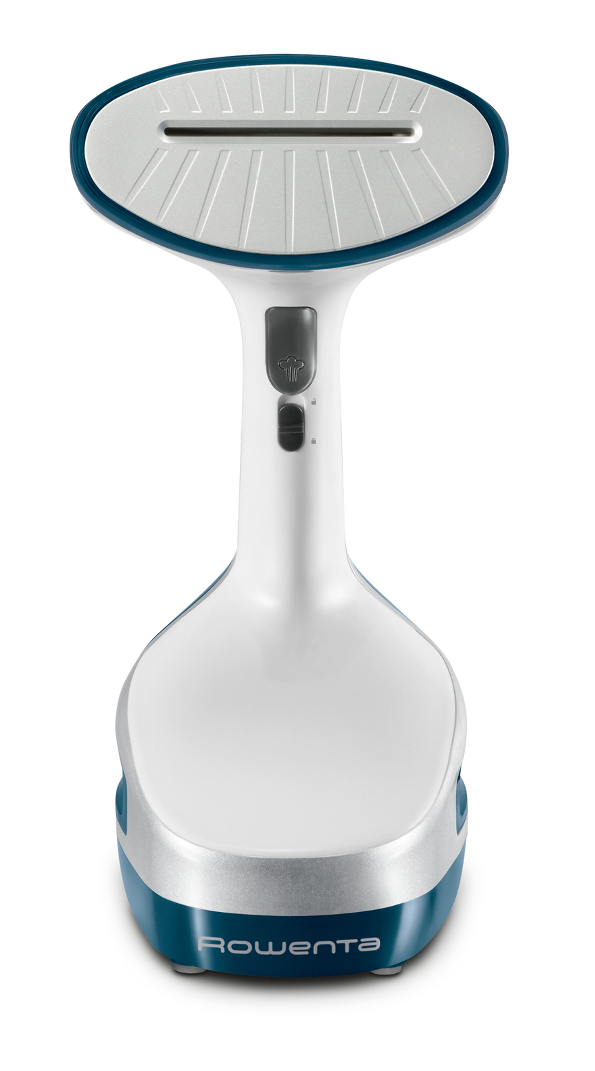 Vaporizzatore portatile per indumenti, bianco con dettagli blu. Mostra l'impugnatura e la testa del vapore.