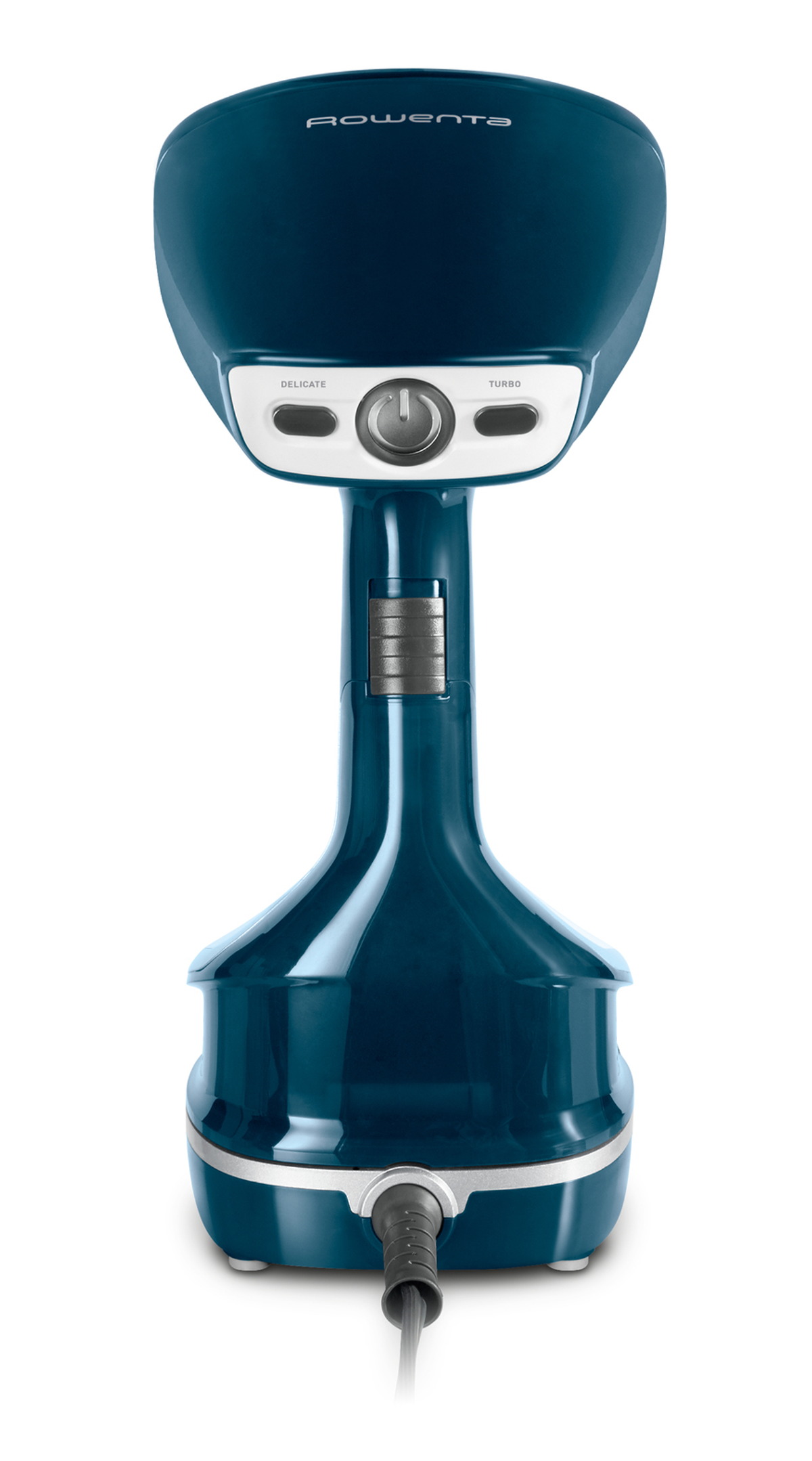 Vaporizzatore per indumenti portatile blu scuro su bianco. Ha pulsanti per impostazioni delicate e turbo.