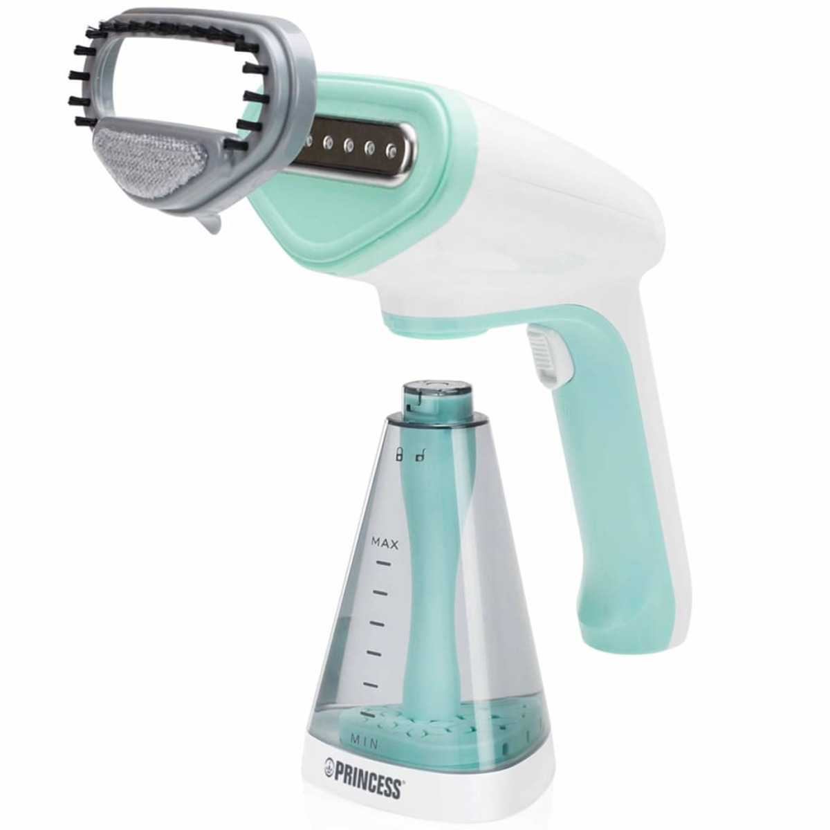 Un vaporizador de mano blanco y verde azulado con un depósito de agua desmontable y un cabezal de vapor gris con cepillo.