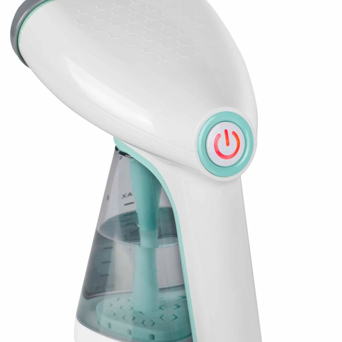Vaporizador de ropa portátil blanco y verde azulado con botón de encendido, sobre fondo blanco.