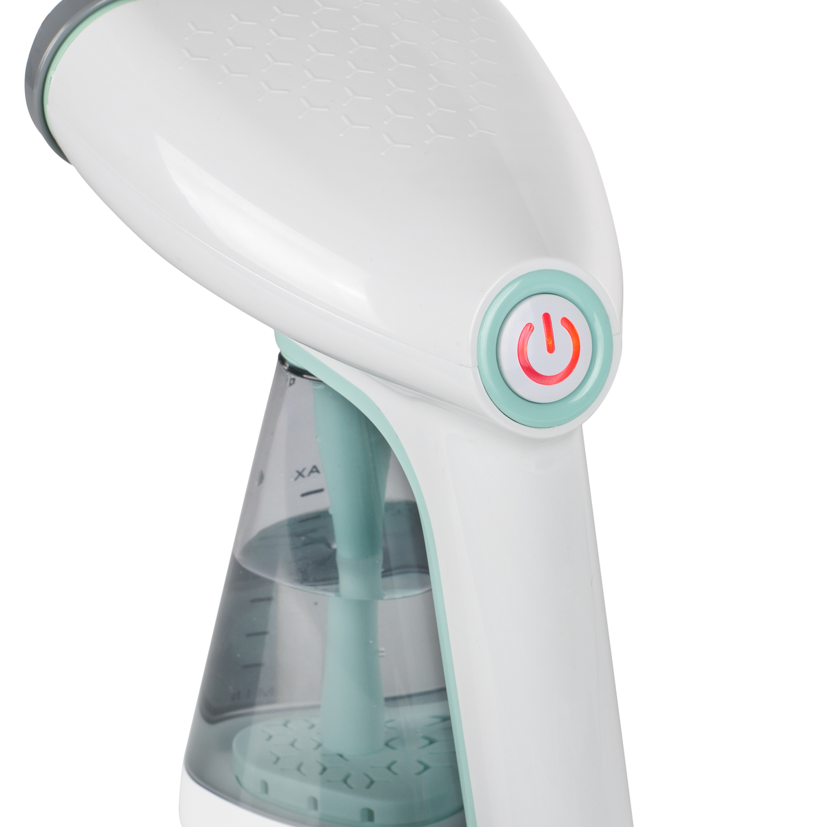 Vaporizador de ropa blanco y turquesa con botón de encendido rojo. El tanque de agua es visible.