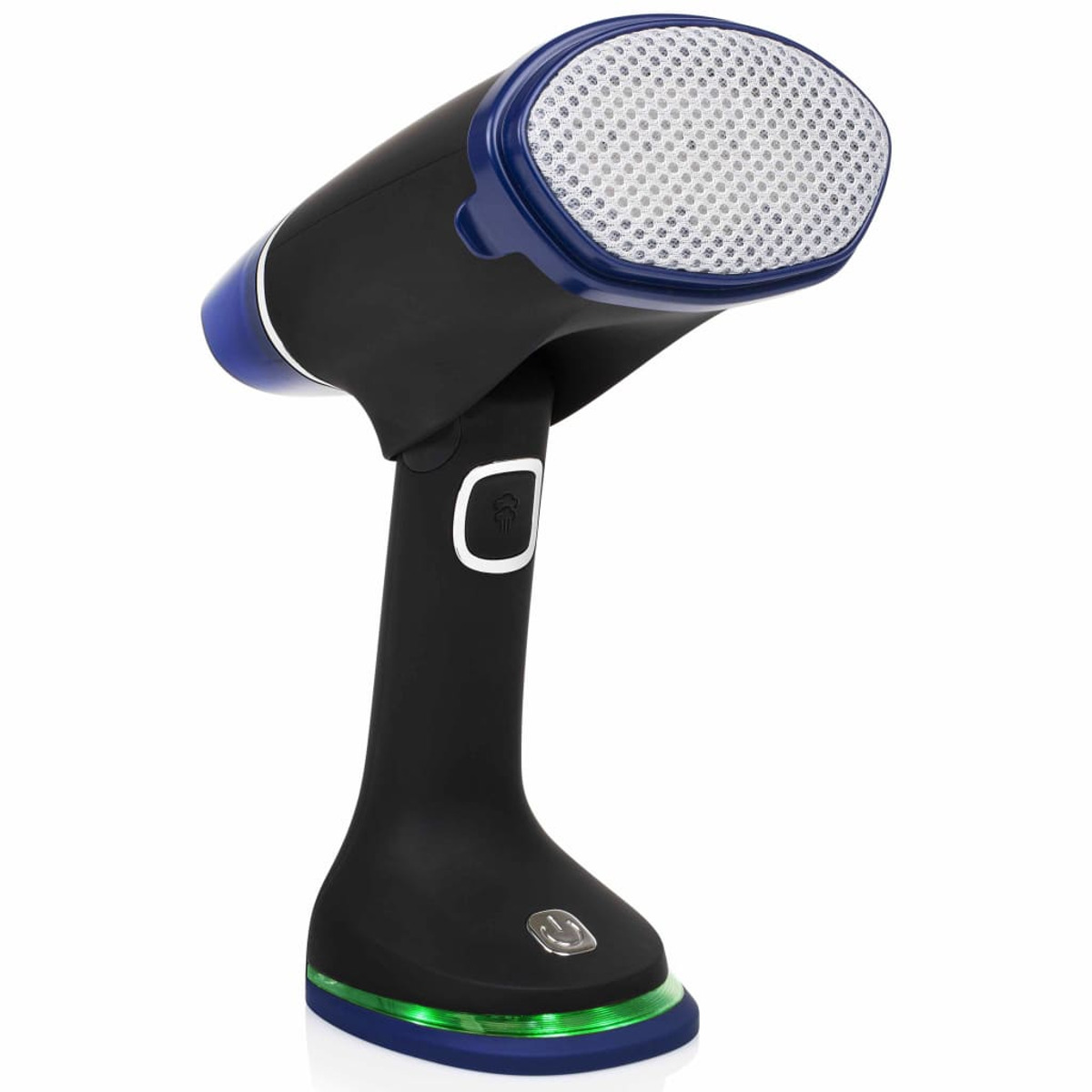 Vaporizador de ropa de mano negro y azul. Tiene un cabezal perforado y un botón de encendido en la base.