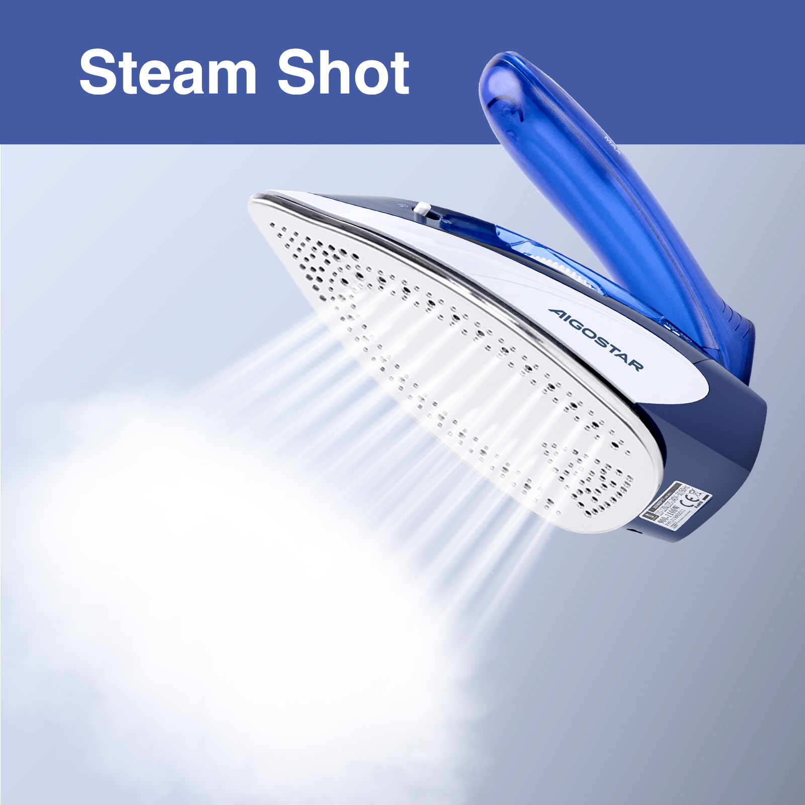 Ein Bügeleisen mit Dampf, mit dem Text "Steam Shot" darüber.