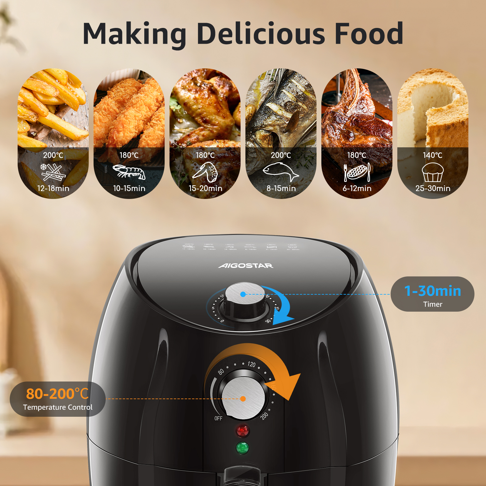 Freidora de aire negra con panel de control e imágenes de comida cocinada.