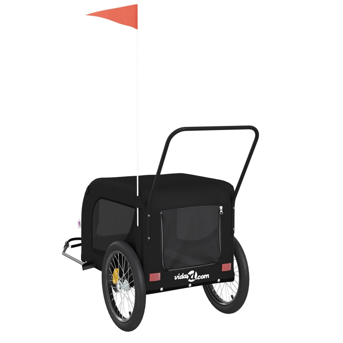 Schwarzer Kinderfahrradanhänger mit orangefarbener Fahne, zwei Rädern und einem Griff.