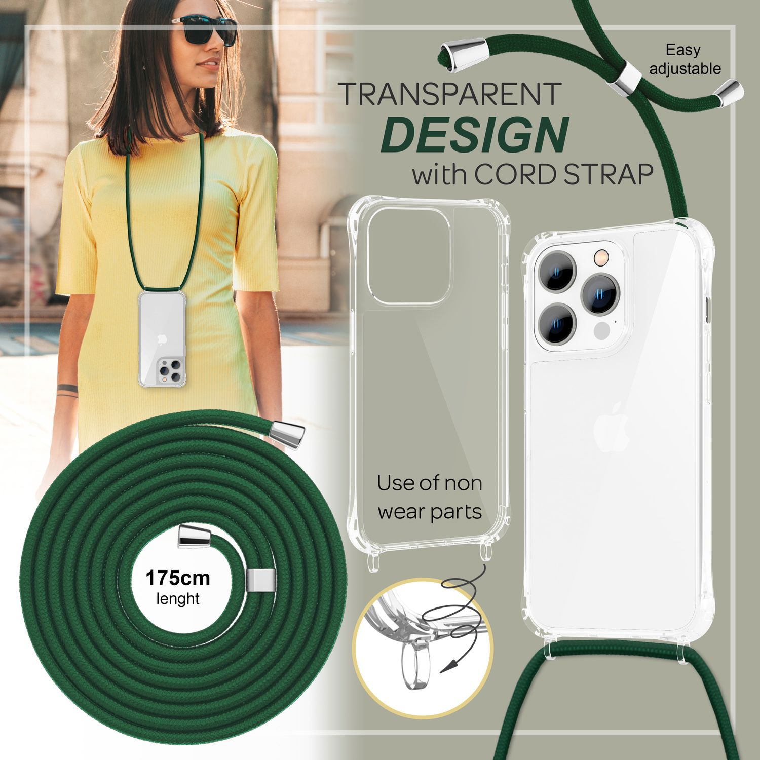 Frau mit gelbem Kleid und Handyhülle mit Kordel. Transparente Hülle und grüne Kordel. Produktwerbung.