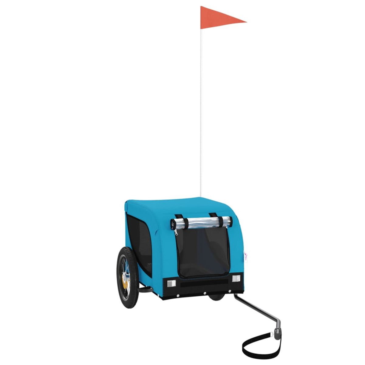 Blauer Haustieranhänger mit roter Flagge, einem Rad und schwarzen Akzenten.