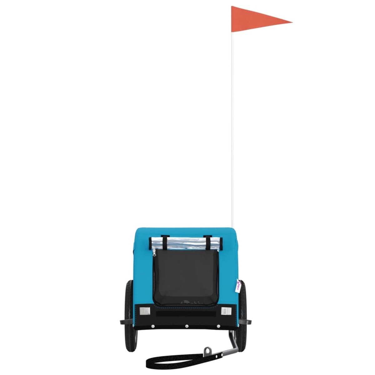 Blauer Anhänger mit schwarzen Rädern, roter Fahne und Anhängerkupplung. Für Fahrrad.