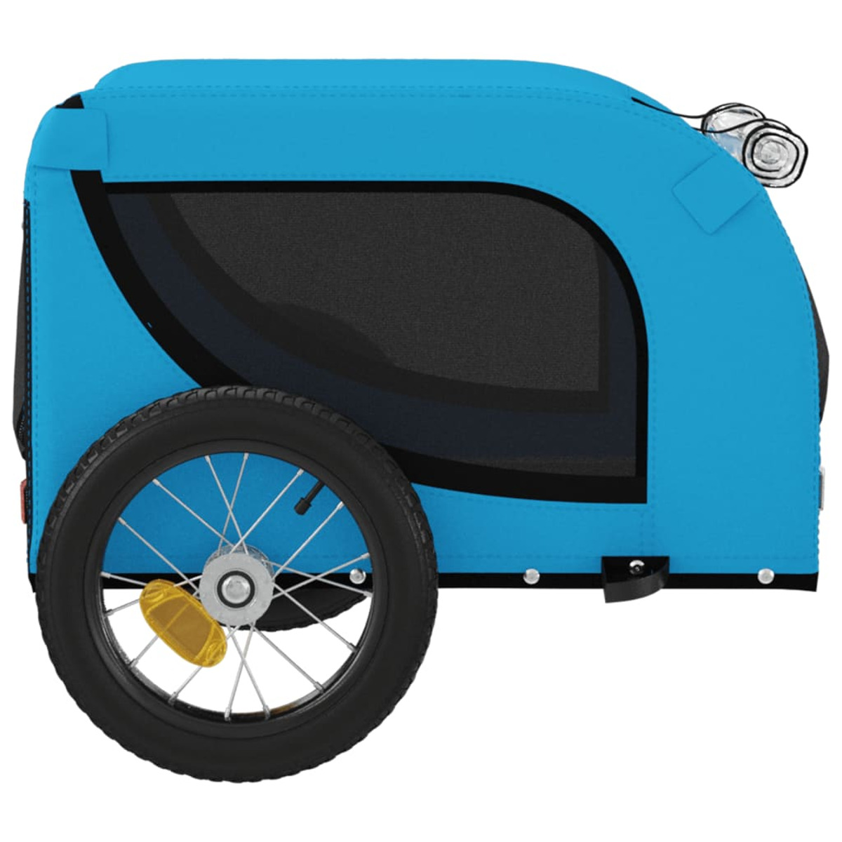 Ein blauer Fahrradanhänger mit einem schwarzen Rad. Es hat ein Fenster und einen Reflektor.