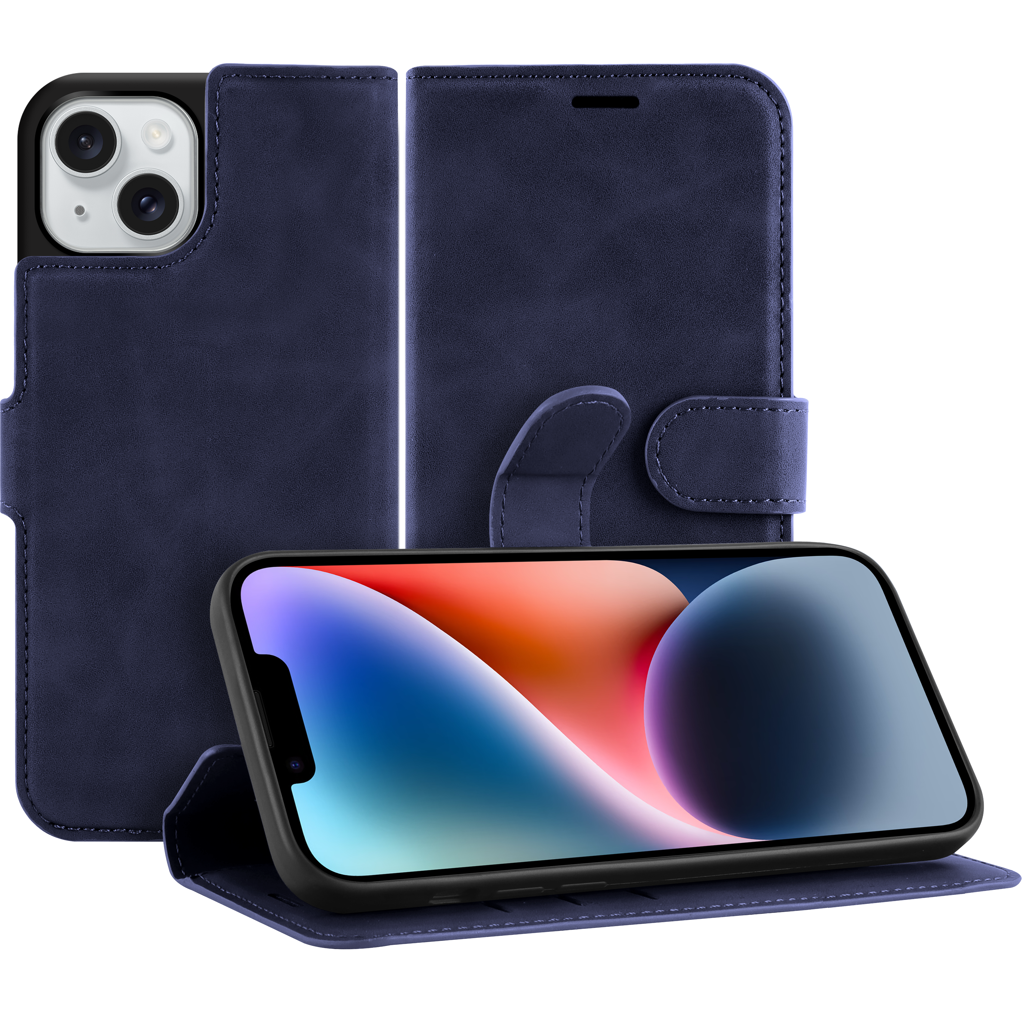 Blaue Handyhülle mit Telefon darin. Es hat ein Brieftaschen-Design.