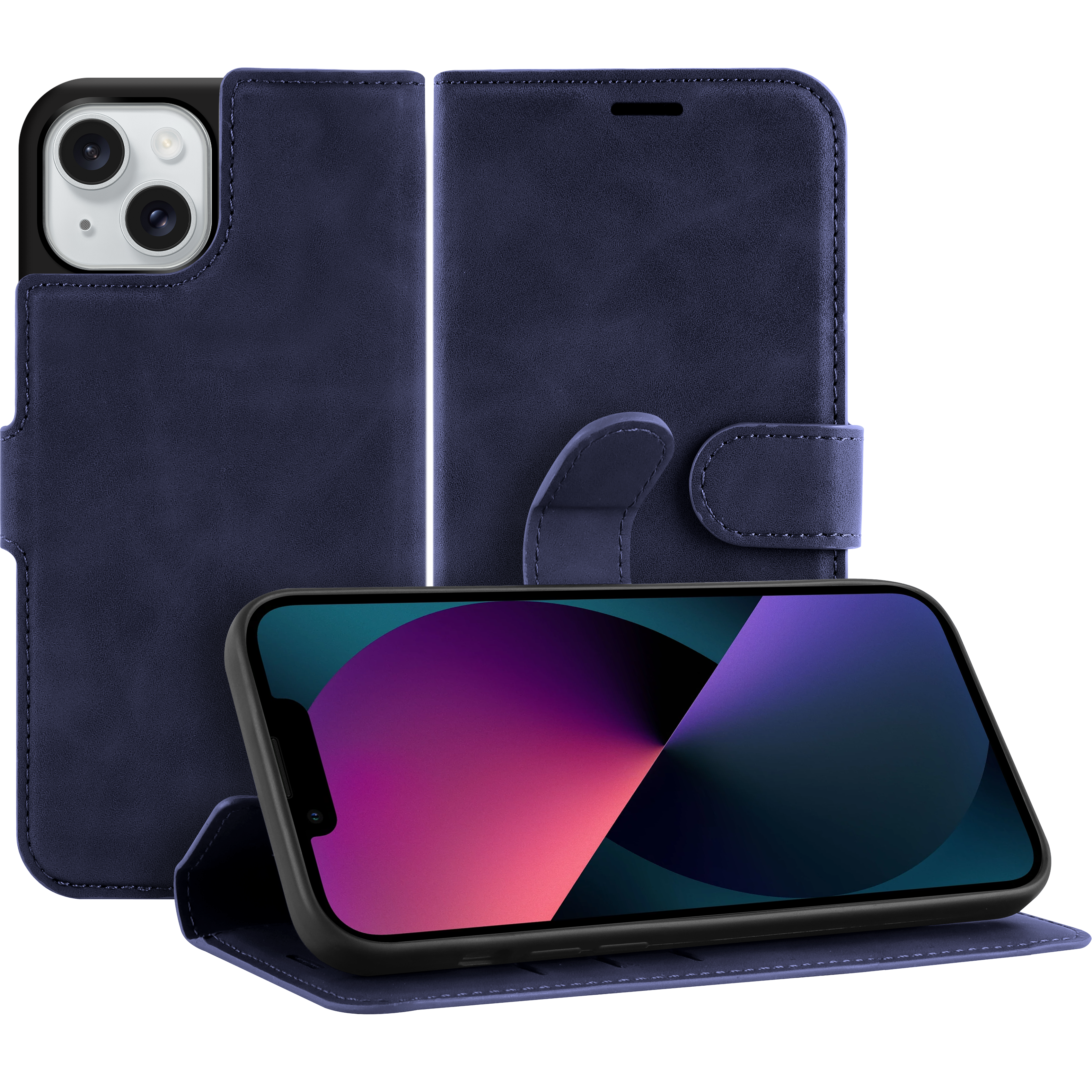 Blaue Leder-Handyhülle mit Telefon darin. Die Hülle ist offen, mit Magnetverschluss.