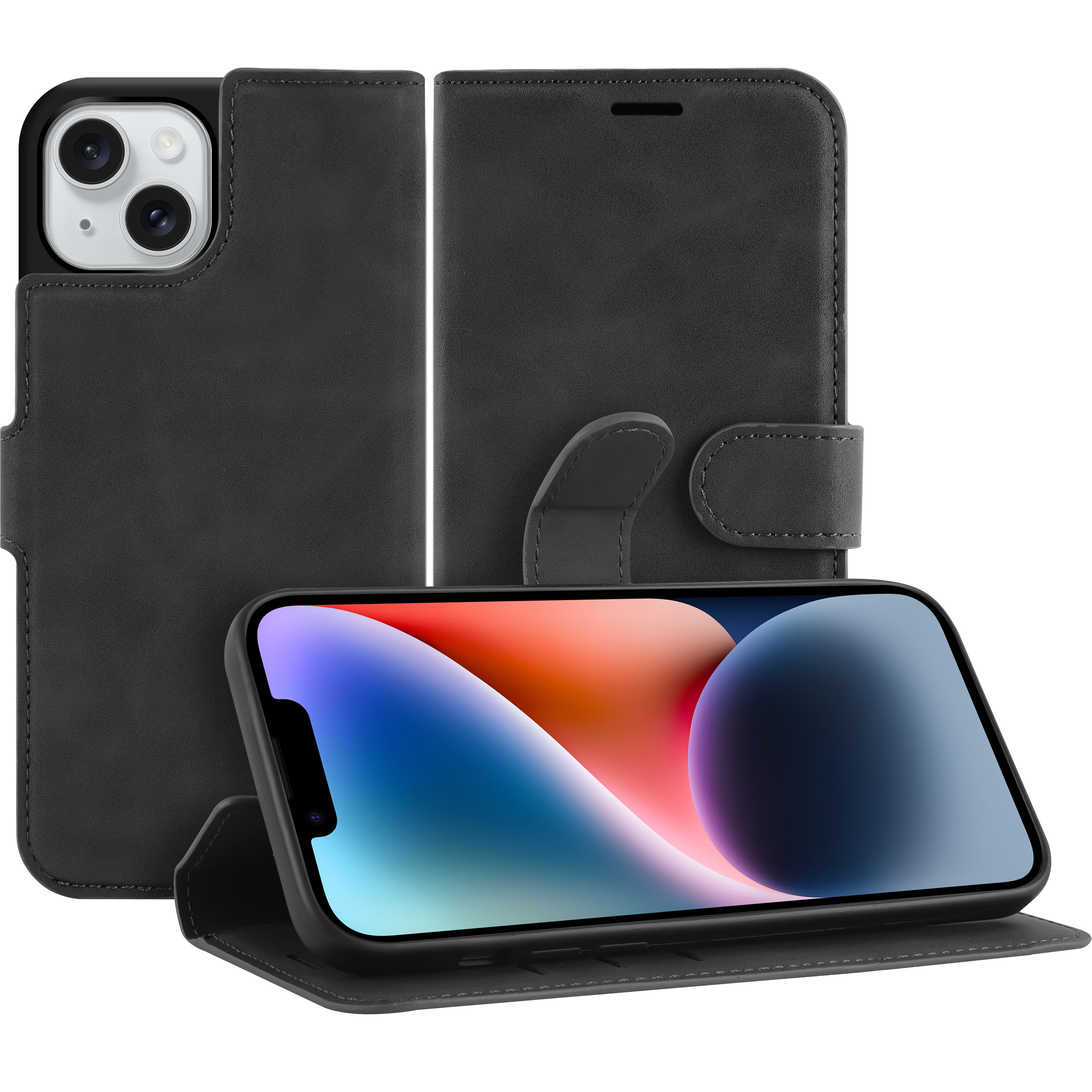 Schwarze Handyhülle. Die Hülle ist aus Leder mit einem Telefon darin. Sie kann gefaltet werden.