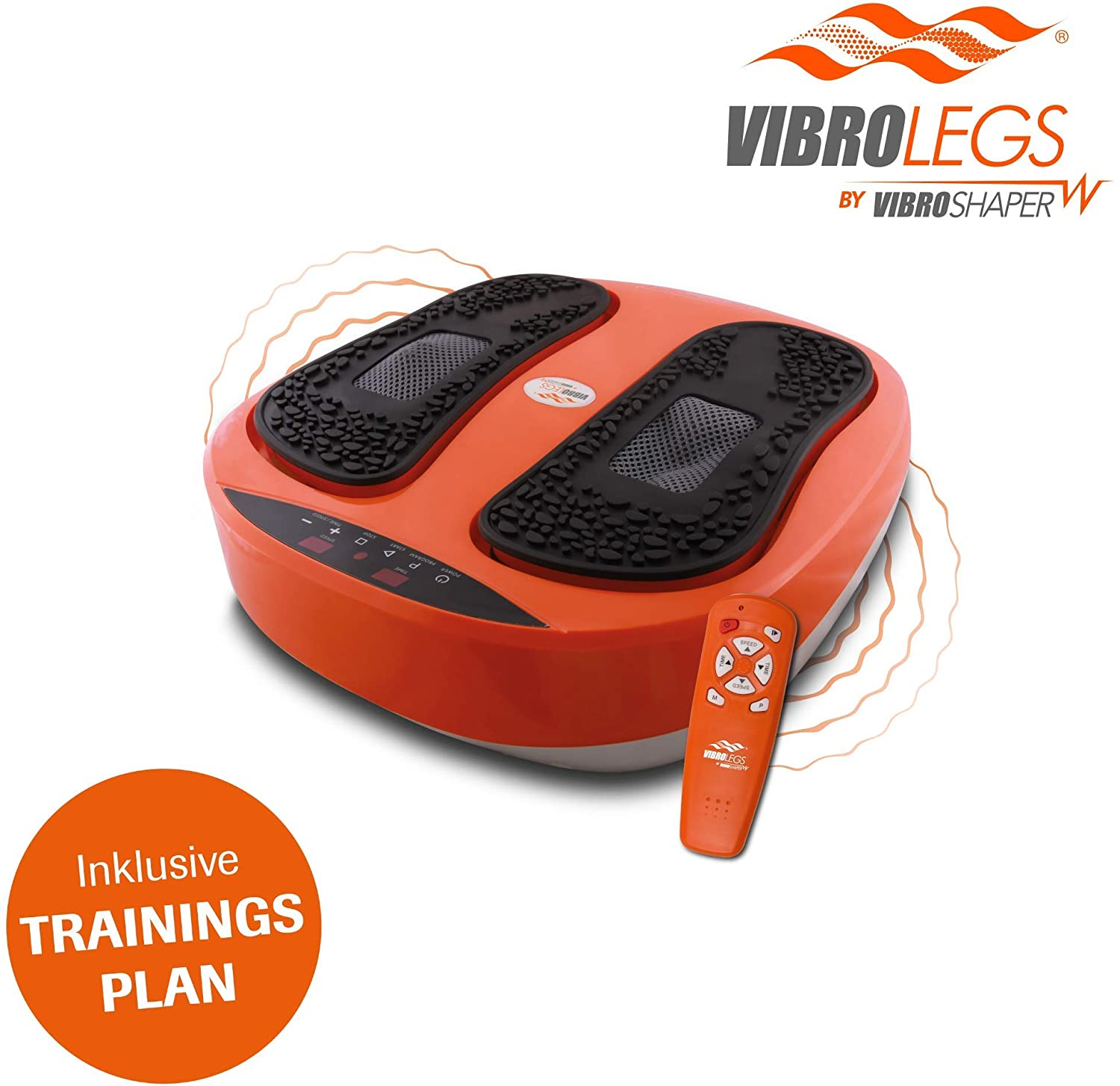 Eine orangefarbene Vibrolegs-Maschine mit Fernbedienung. Sie hat Fußpolster und einen Text 'TRAININGS PLAN'.