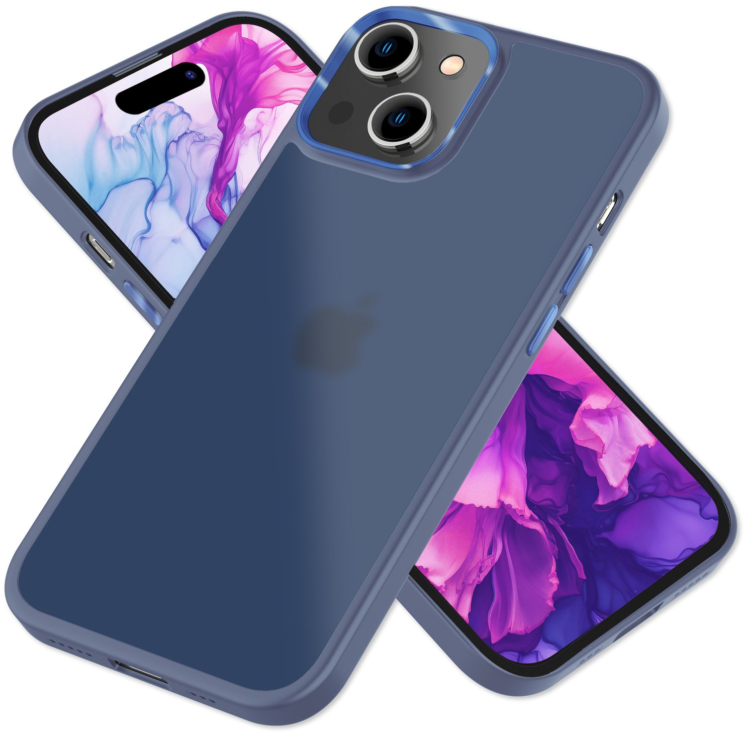 Zwei blaue iPhone-Hüllen mit Handys darin, eine über der anderen.