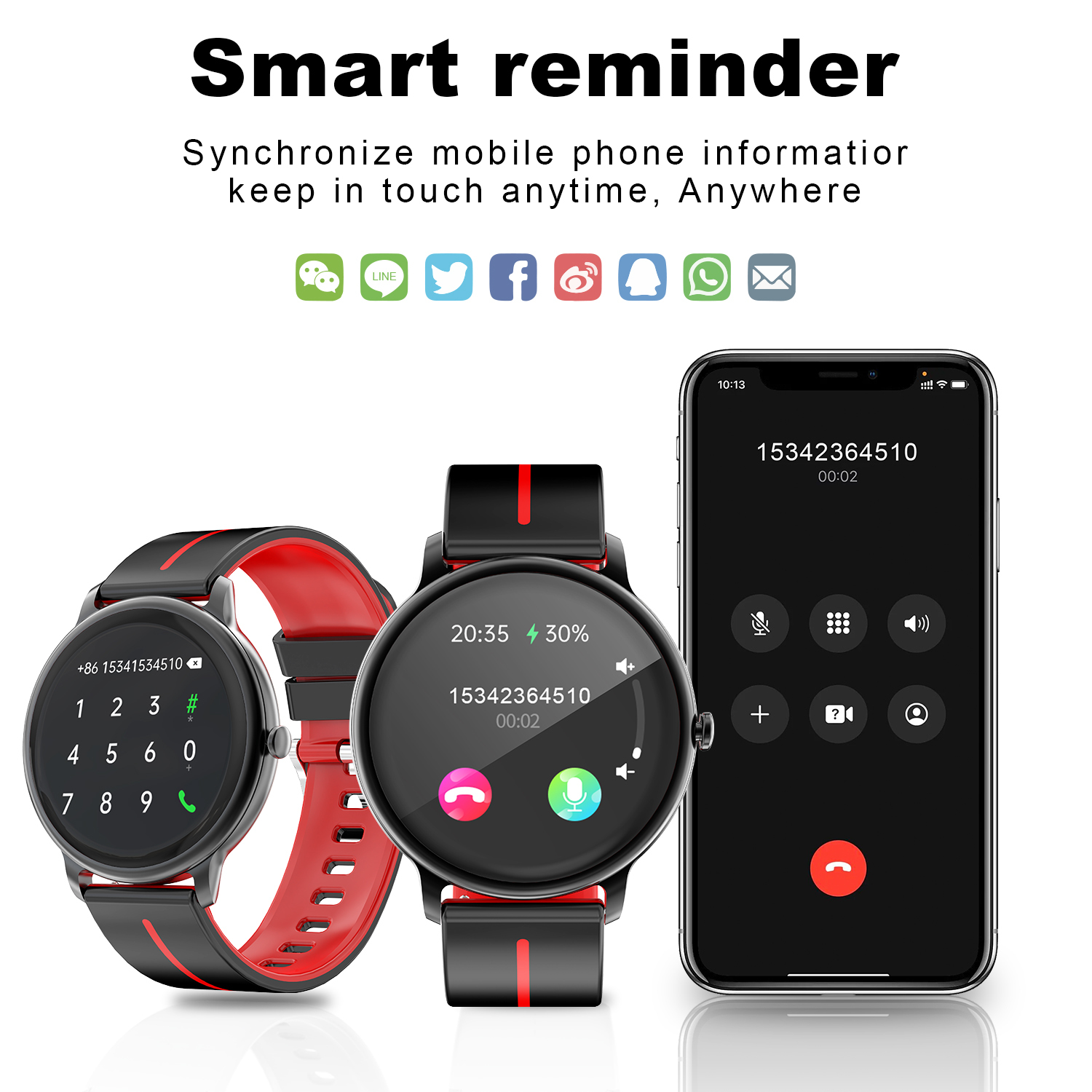 Smartwatch z telefonem wyświetlającym ekran połączenia i dwoma innymi smartwatchami na białym tle.