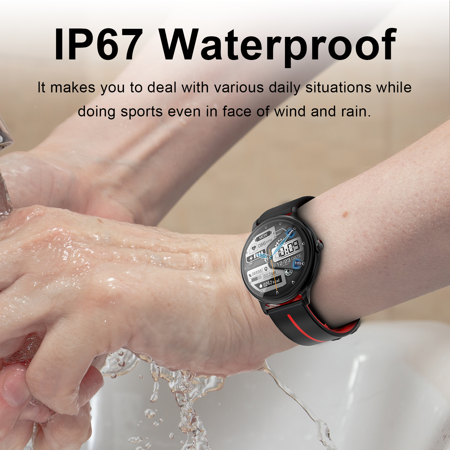 Dłoń osoby ze smartwatchem. Woda spływa po dłoni. Białe tło.