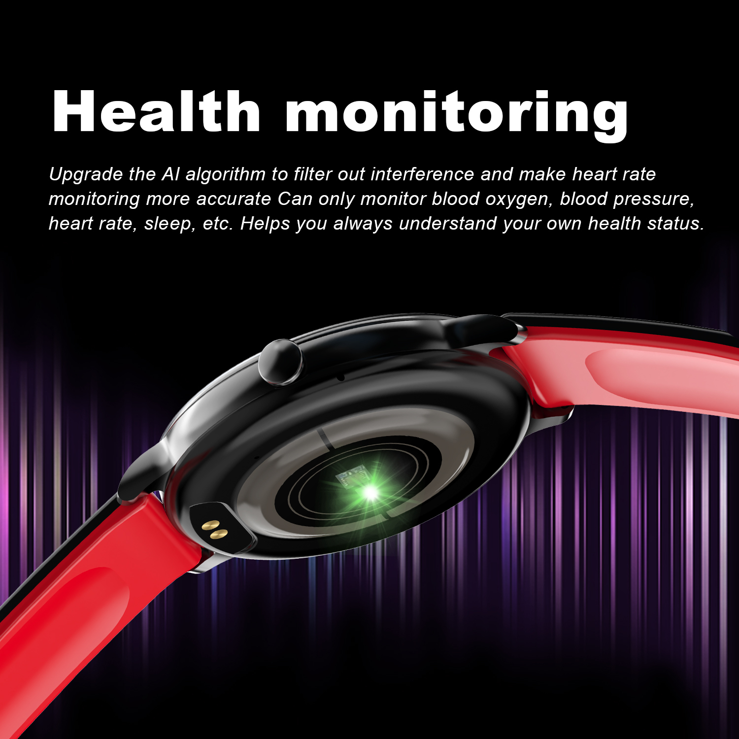 Czarny smartwatch z czerwonym paskiem, z tekstem o funkcjach monitorowania zdrowia.