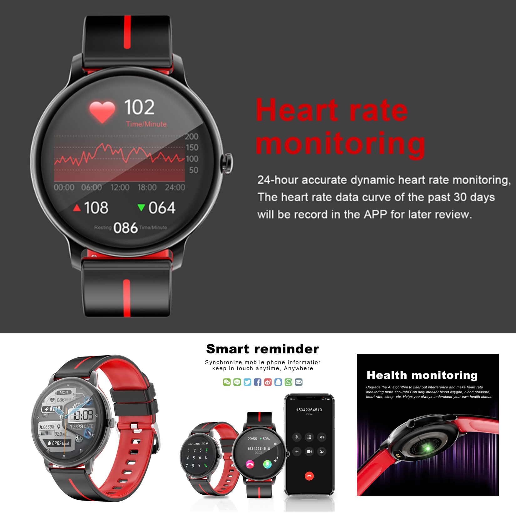 Smartwatch z czerwonym paskiem. Wyświetlacz pokazuje tętno i czas. Dodatkowe obrazy pokazują funkcje.