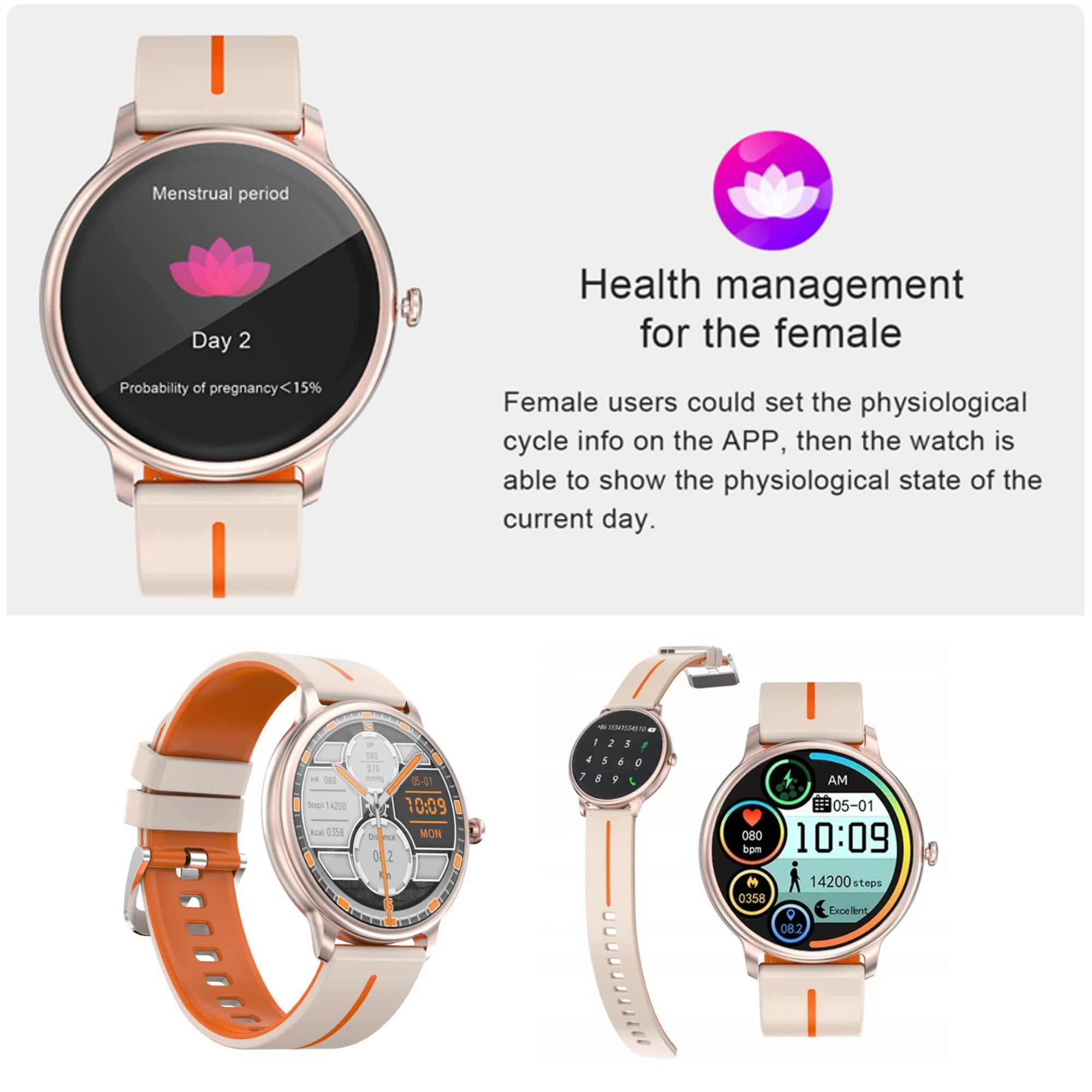 Smartwatch mit Pfirsichband. Der Bildschirm zeigt Informationen zur Menstruation und eine rosa Lotusblüte. Weißer Hintergrund.