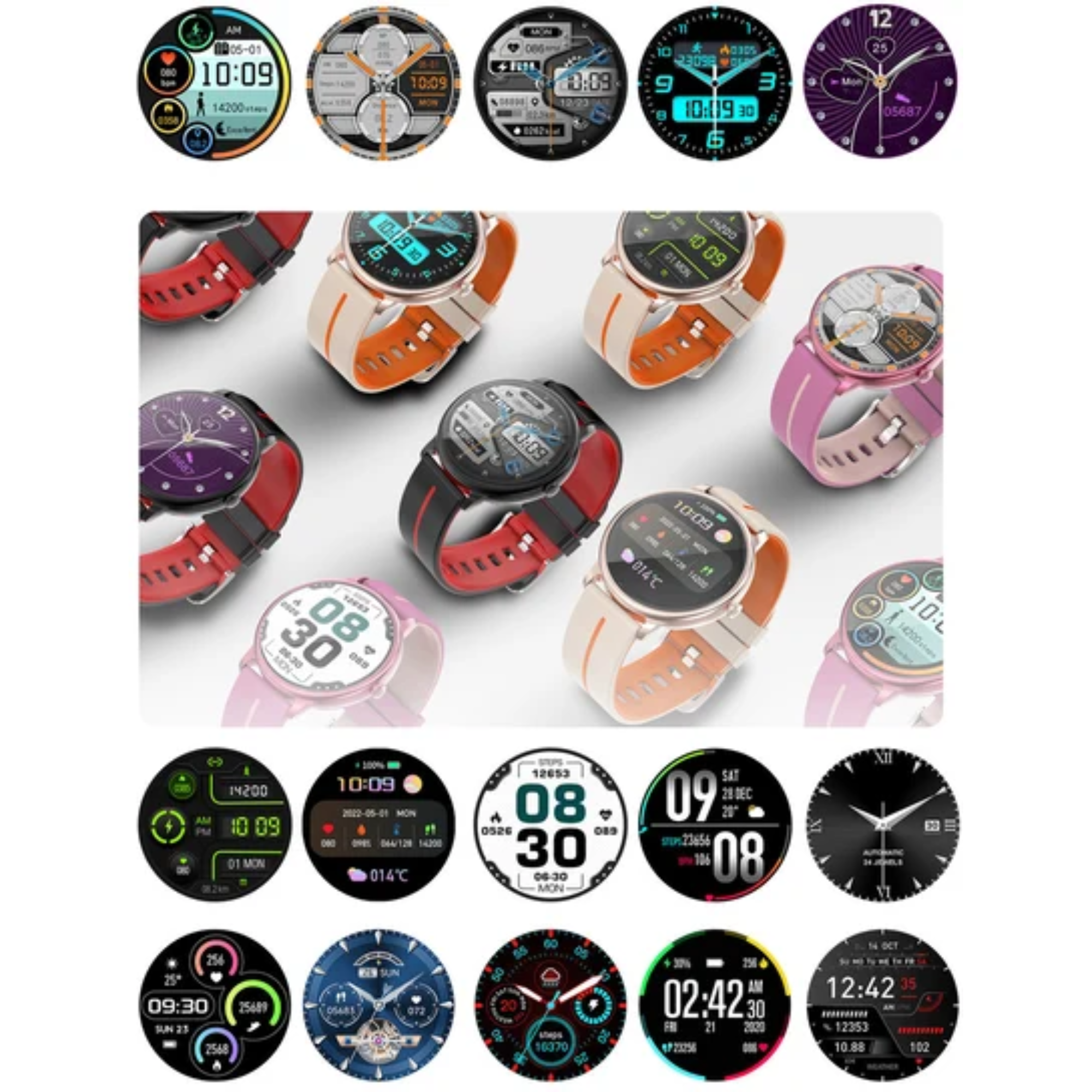 Kolekcja smartwatchy z różnymi tarczami i paskami. Wiele zegarków jest widocznych.