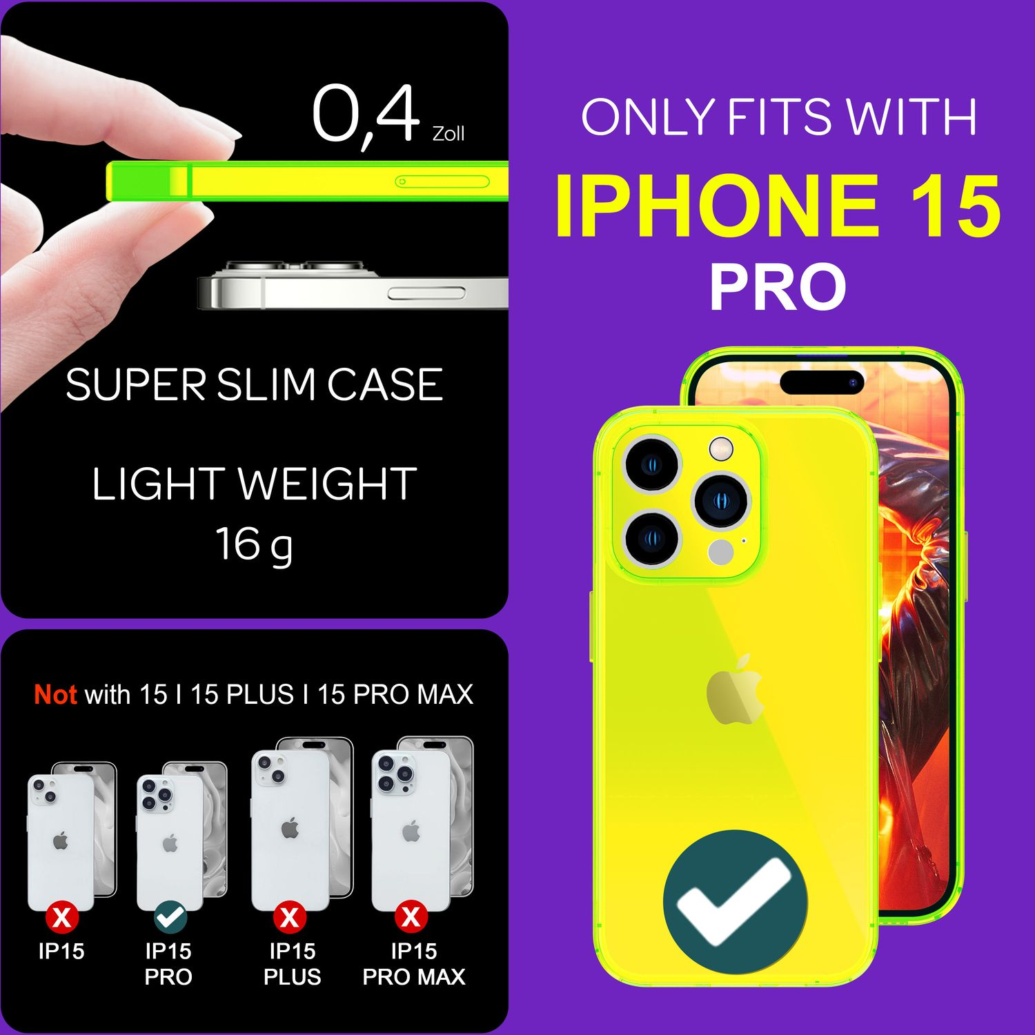 Una custodia per telefono e un telefono, con testo che indica la compatibilità con iPhone 15 Pro.