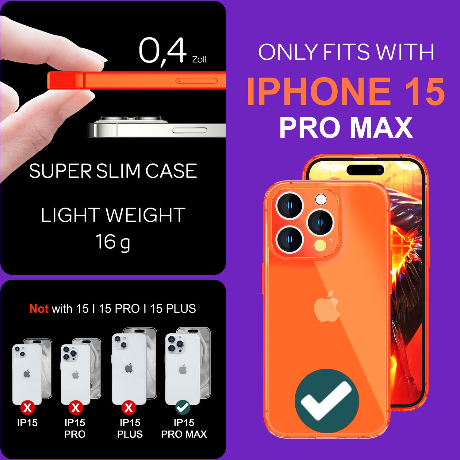 Custodia e telefono arancioni. Testo: Compatibile con iPhone 15 Pro Max. Mostra diversi modelli di telefono.