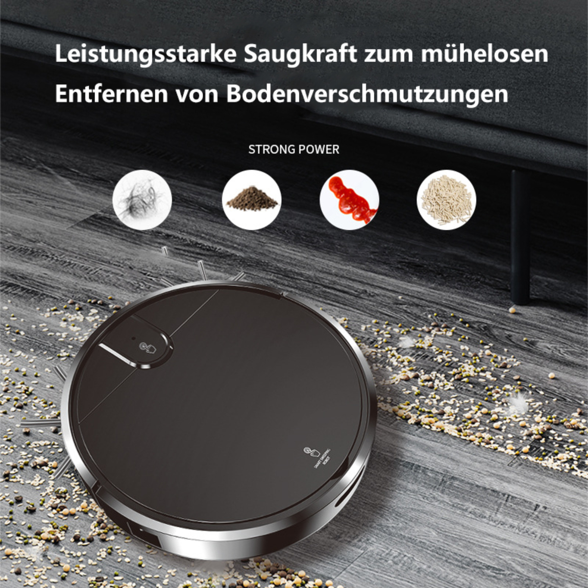 Roboter-Staubsauger auf Holzboden, umgeben von Schmutz und Reinigungssymbolen.