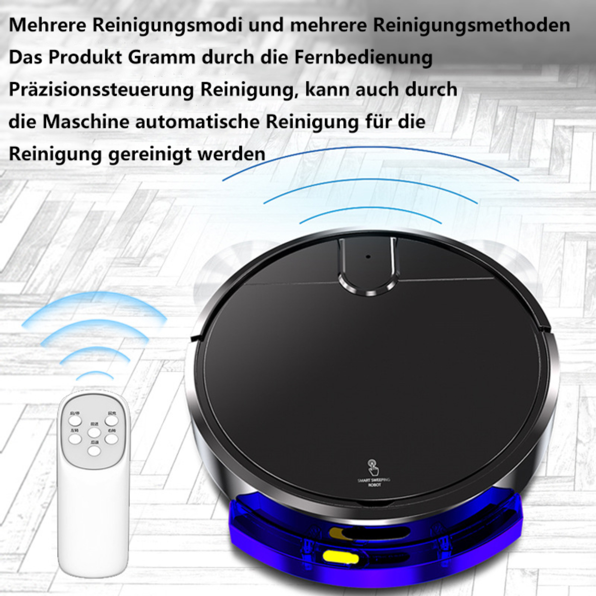 Roboter-Staubsauger und eine Fernbedienung. Blauer und weißer Hintergrund.