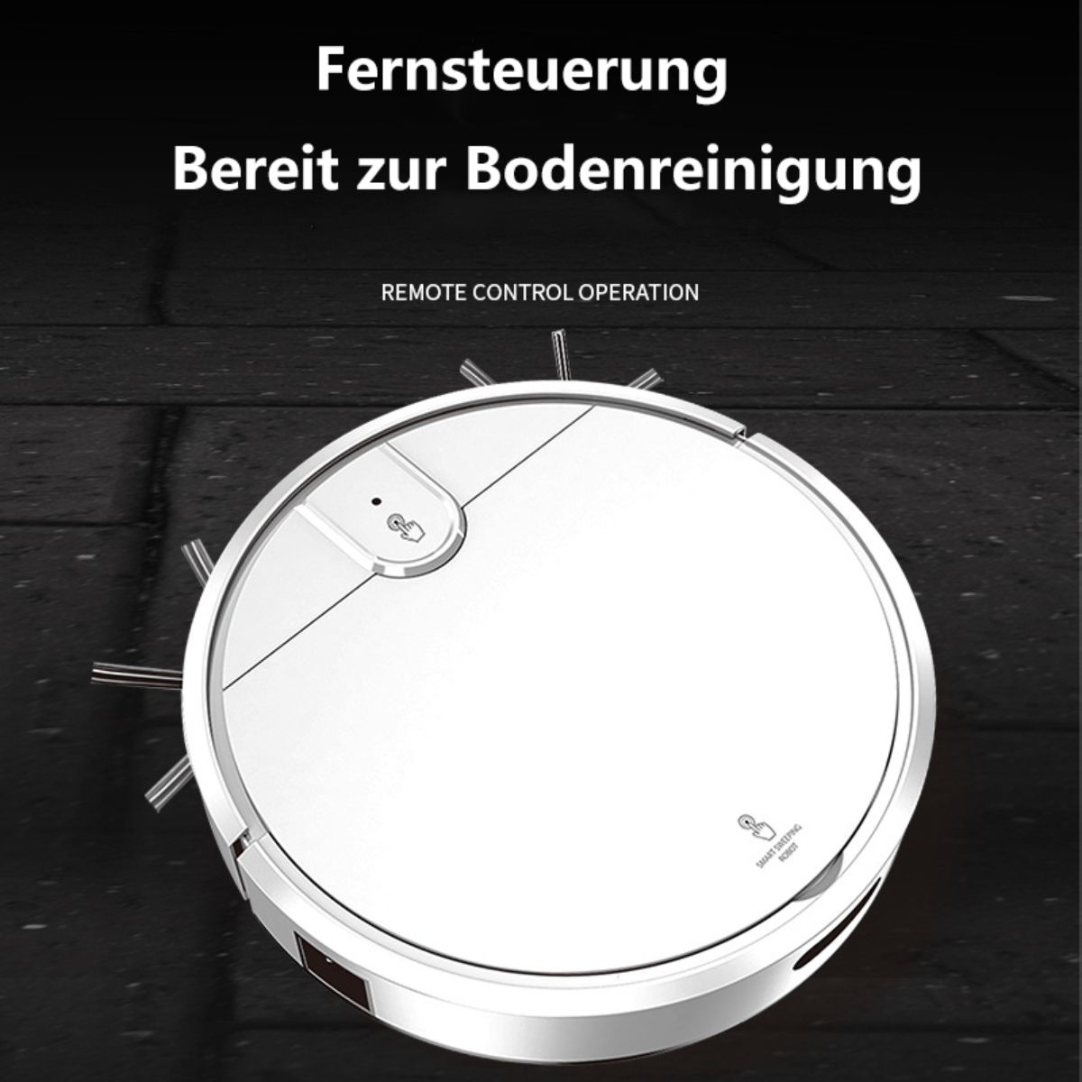 Weißer runder Roboter-Staubsauger auf schwarzem Boden. Text sagt Fernbedienung.