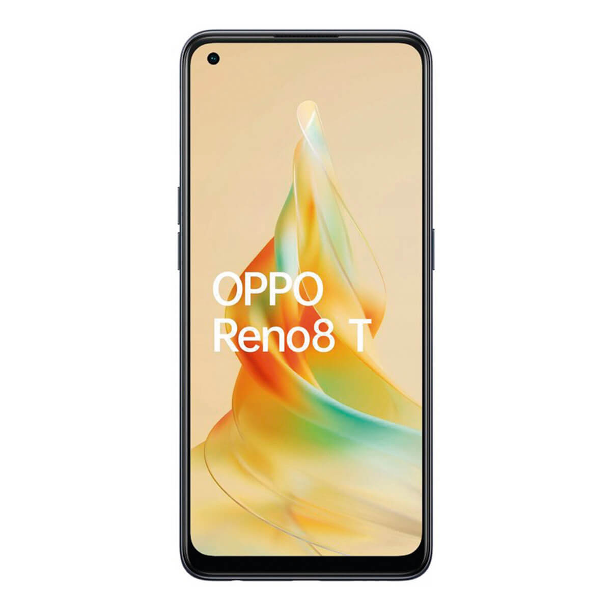 Ein Smartphone mit großem Bildschirm, der bunte abstrakte Kunst und die Marke OPPO zeigt.