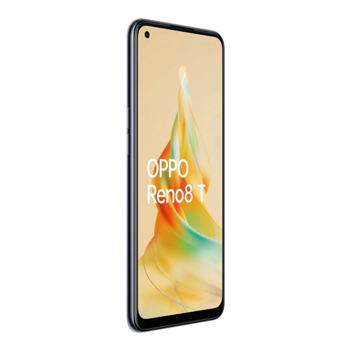 OPPO Reno8 T Smartphone: Schwarzer Bildschirm mit Oppo-Logo und farbenfrohem Hintergrund auf weißem Hintergrund.