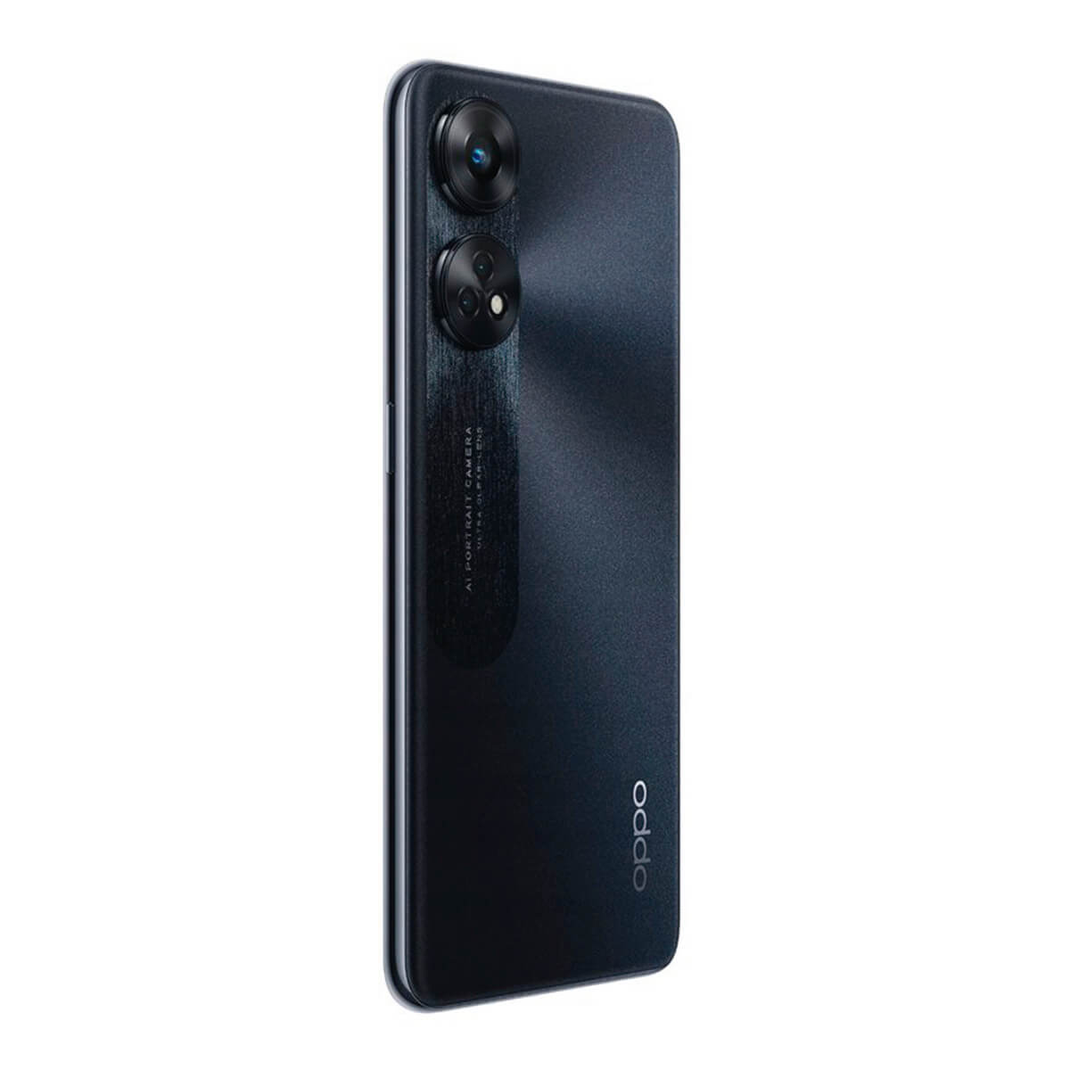 Schwarzes Smartphone mit zwei Kameras und dem Oppo-Logo.