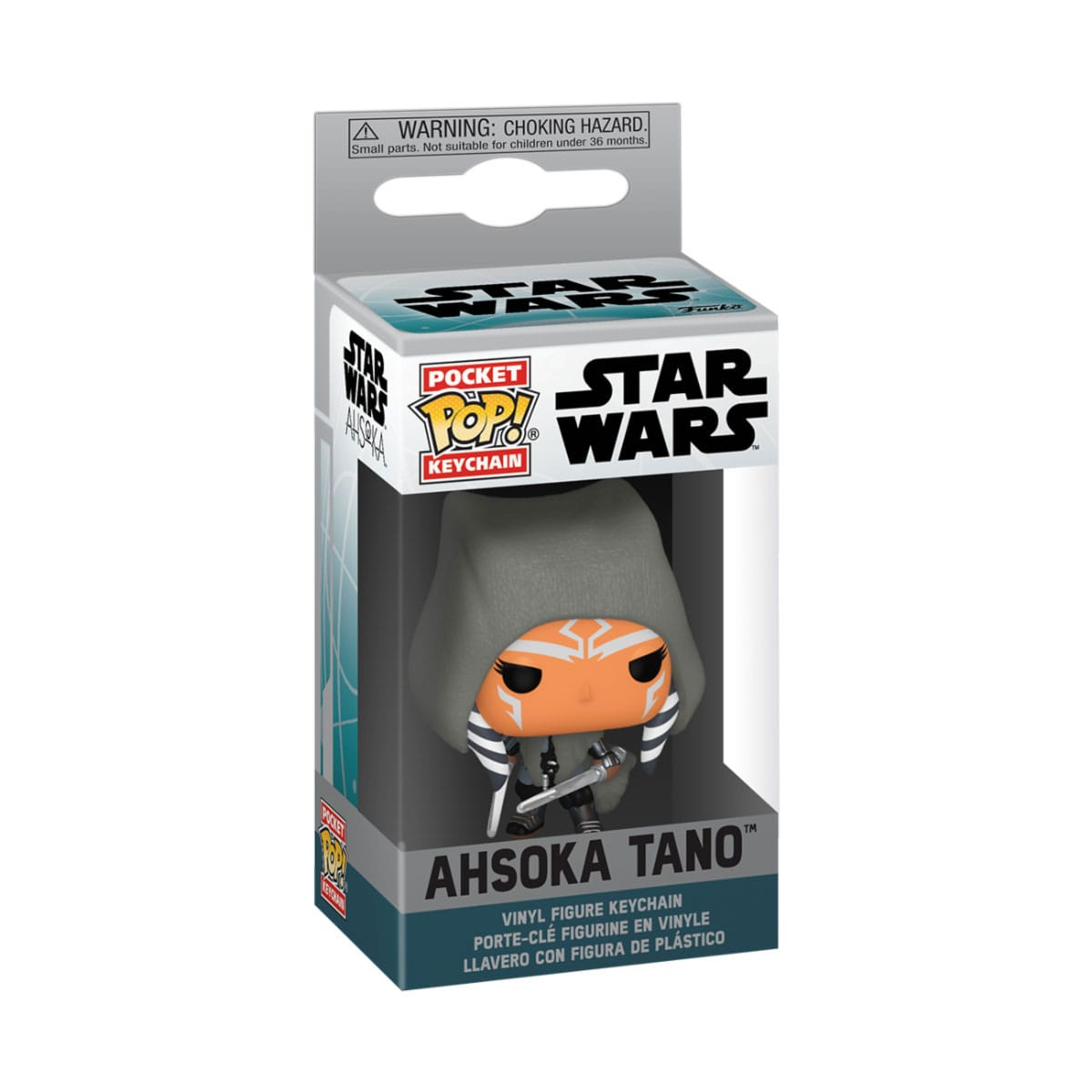 Star Wars Ahsoka Tano Pocket Pop Schlüsselanhänger Figur in einer Box. Graue Kapuze, orange Haut und Lichtschwerter.