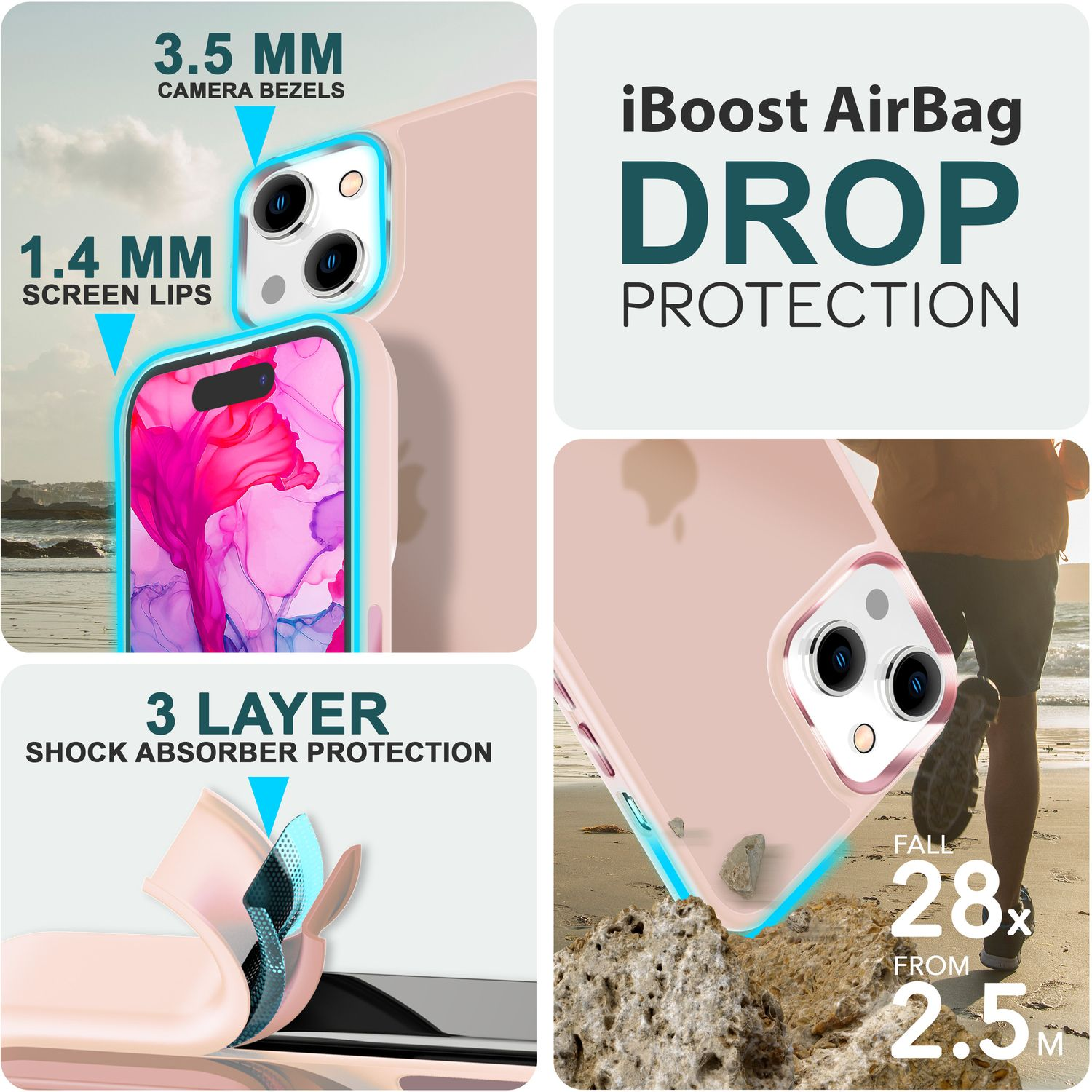 Image montrant une coque de téléphone avec des caractéristiques : lunettes de caméra, bords d'écran et protection contre les chutes.