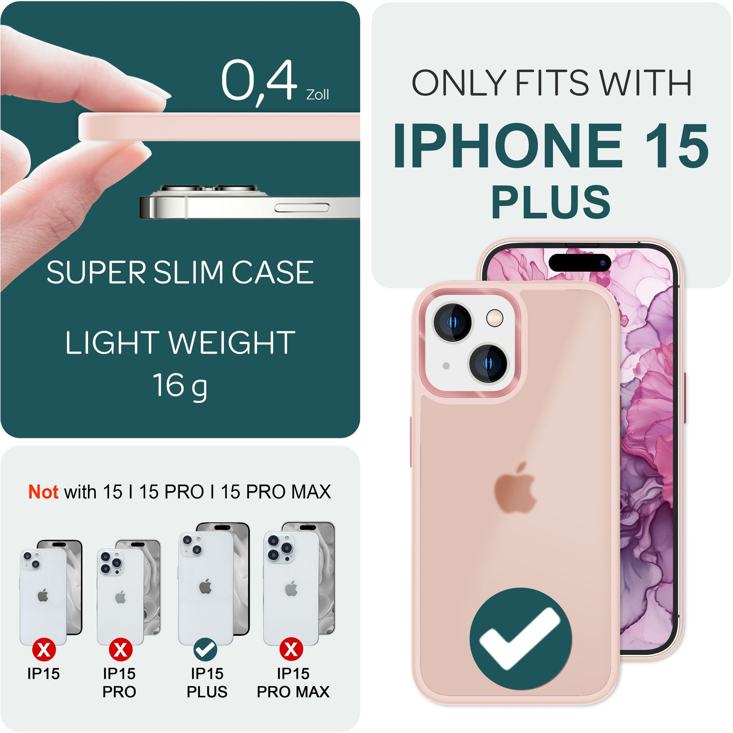 Coque de téléphone rose sur iPhone 15 Plus. Texte : Coque super fine, légère 16g. Pas avec d'autres modèles.