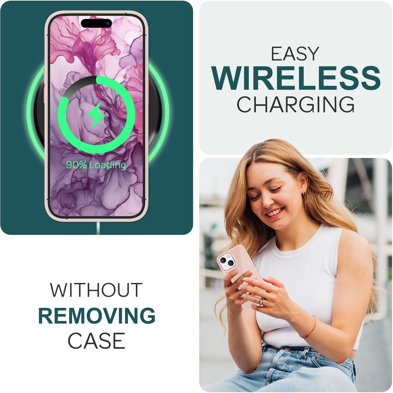 Un téléphone se rechargeant sans fil avec une femme tenant un téléphone rose, avec le texte : Recharge sans fil facile.
