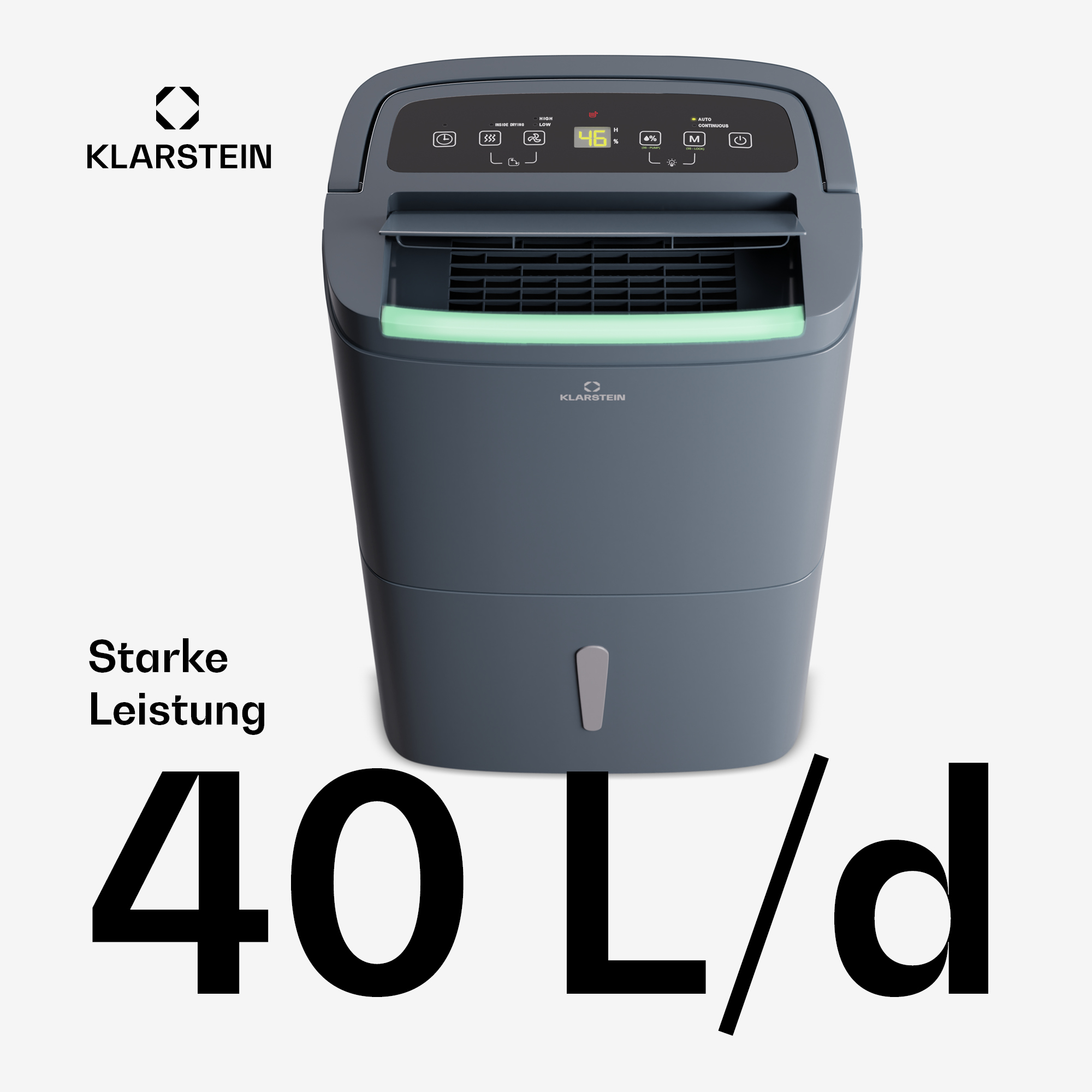 Un deumidificatore grigio con una luce verde e il testo '40 L/d.' Il logo Klarstein è in alto.