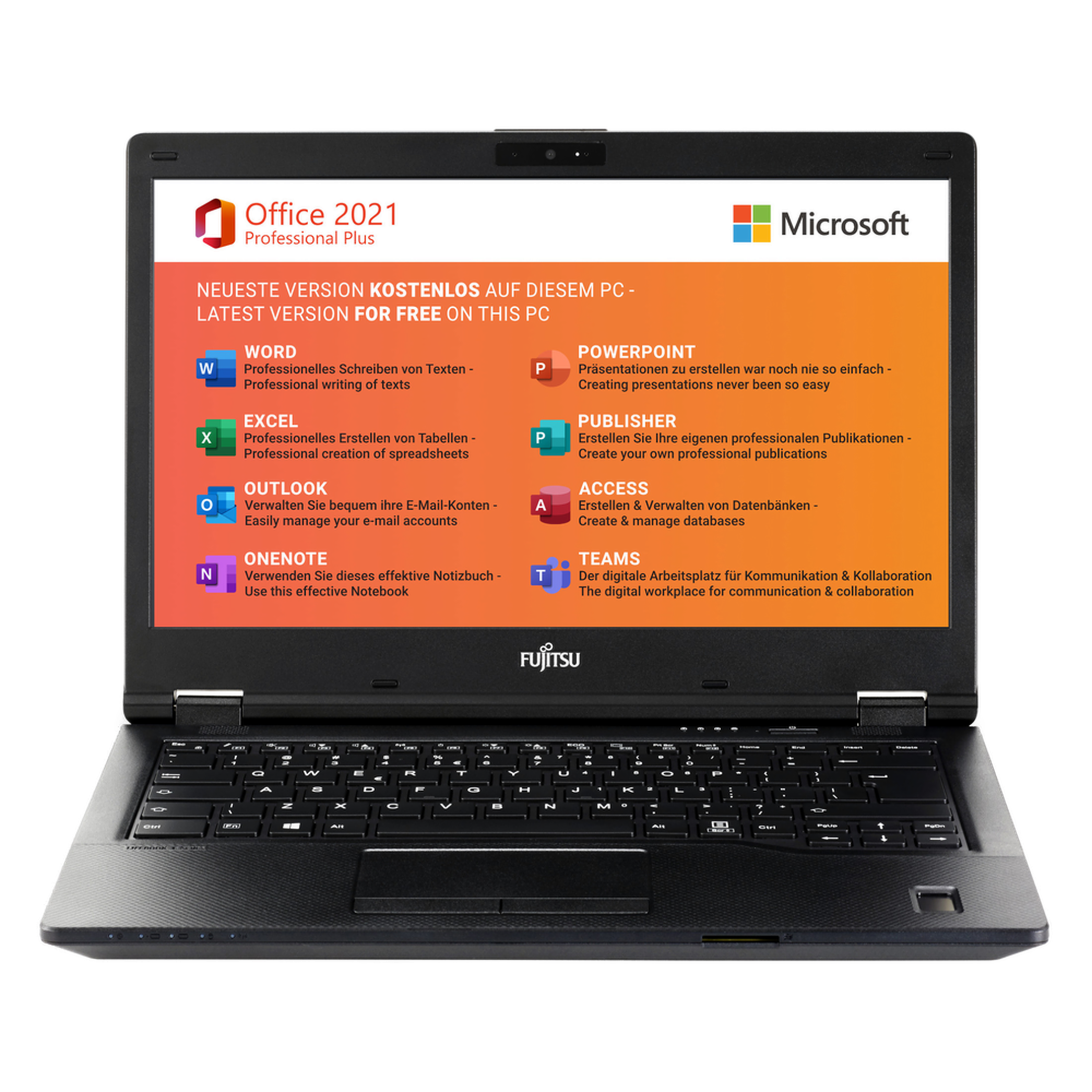Ein schwarzer Laptop, der ein Office 2021-Menü mit verschiedenen Software-Symbolen auf schwarzem Hintergrund anzeigt.