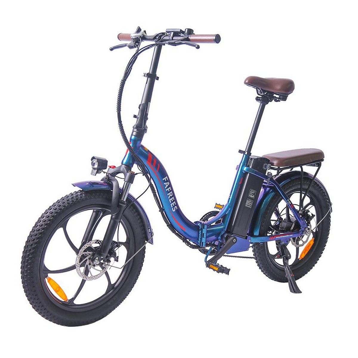 Blaues, zusammenklappbares Elektrofahrrad mit braunem Sitz und großen Reifen.