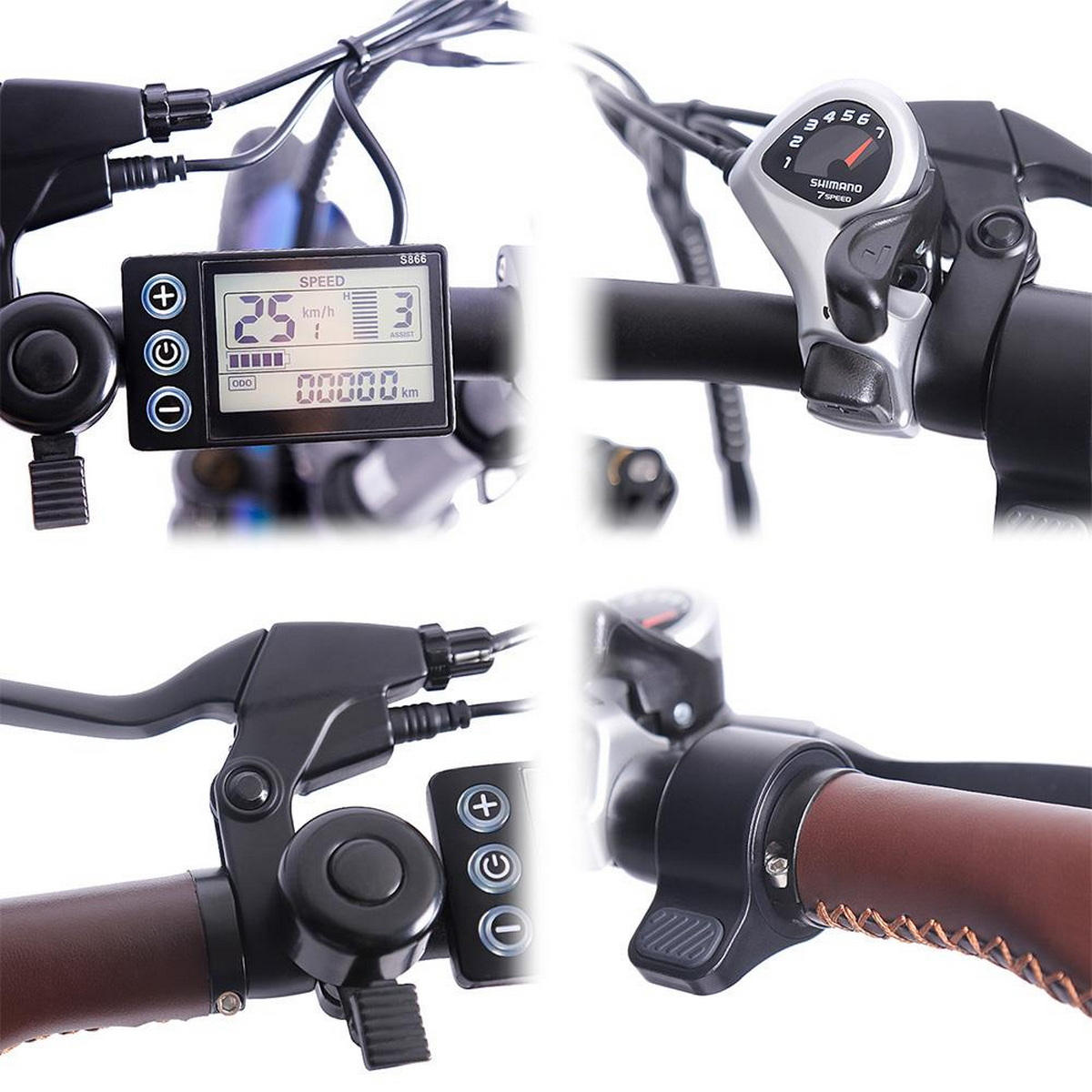 Nahaufnahmen von E-Bike-Bedienelementen: Display, Drehzahlregler, Bremshebel und Lenkergriffe.
