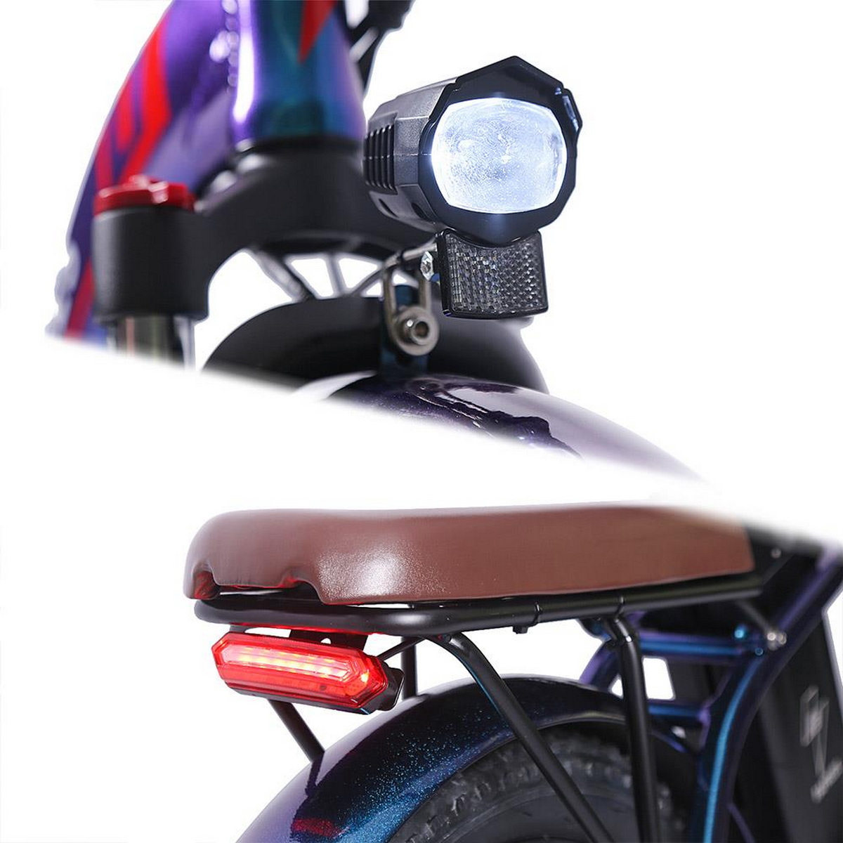 Nahaufnahme eines E-Bikes mit Scheinwerfer und Rücklicht auf weißem Hintergrund.