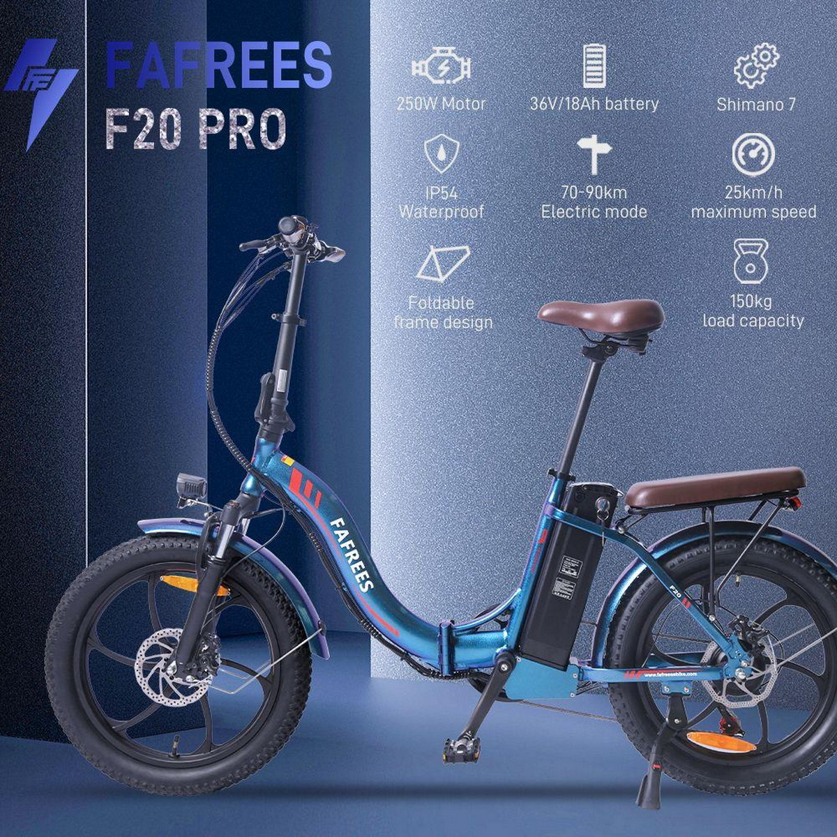 Blaues Elektrofahrrad mit Text, der Spezifikationen detailliert: Motor, Akku, Elektro-Modus, Geschwindigkeit und Rahmendesign.