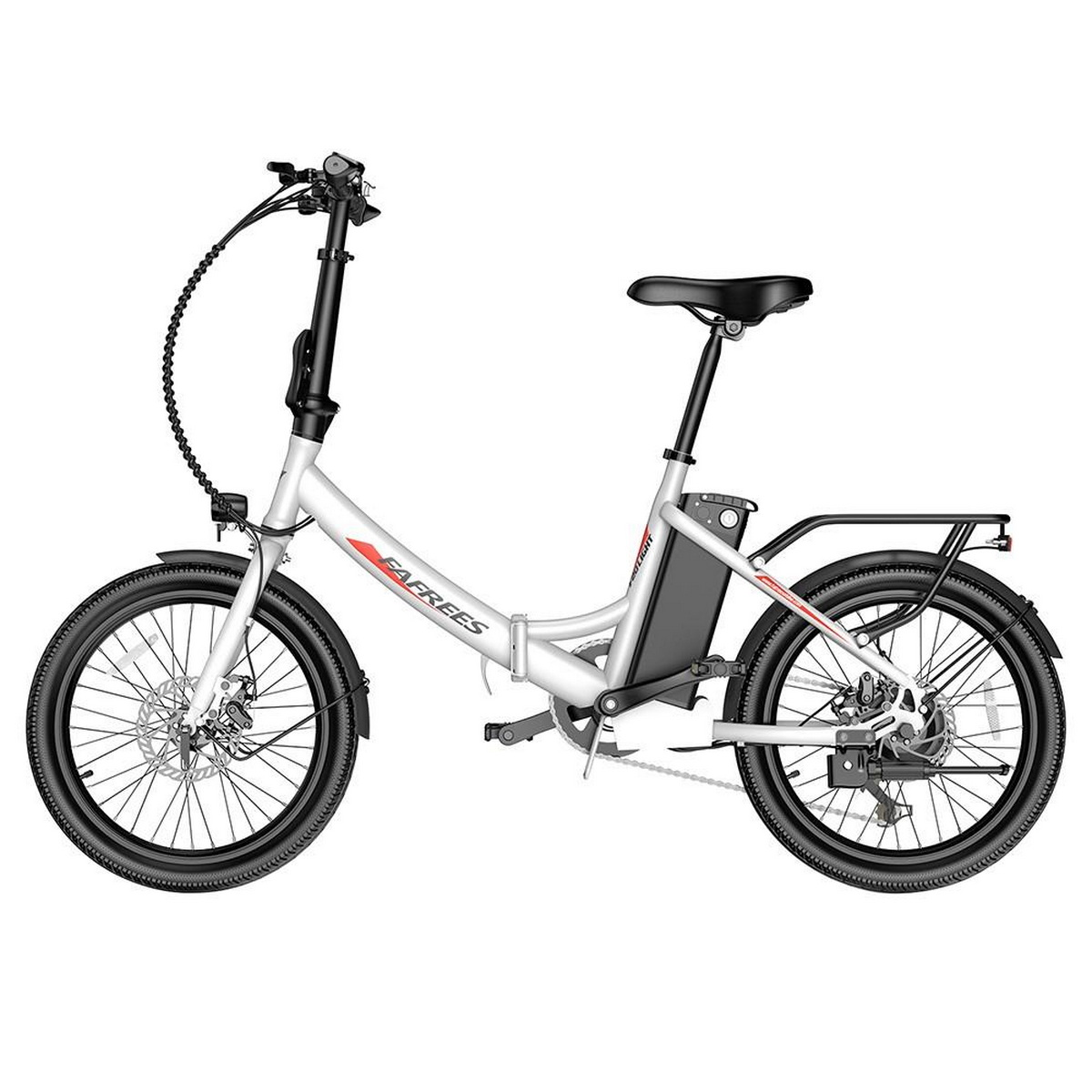 Weißes, faltbares Elektrofahrrad mit 'FAFREES'-Logo, Seitenansicht.