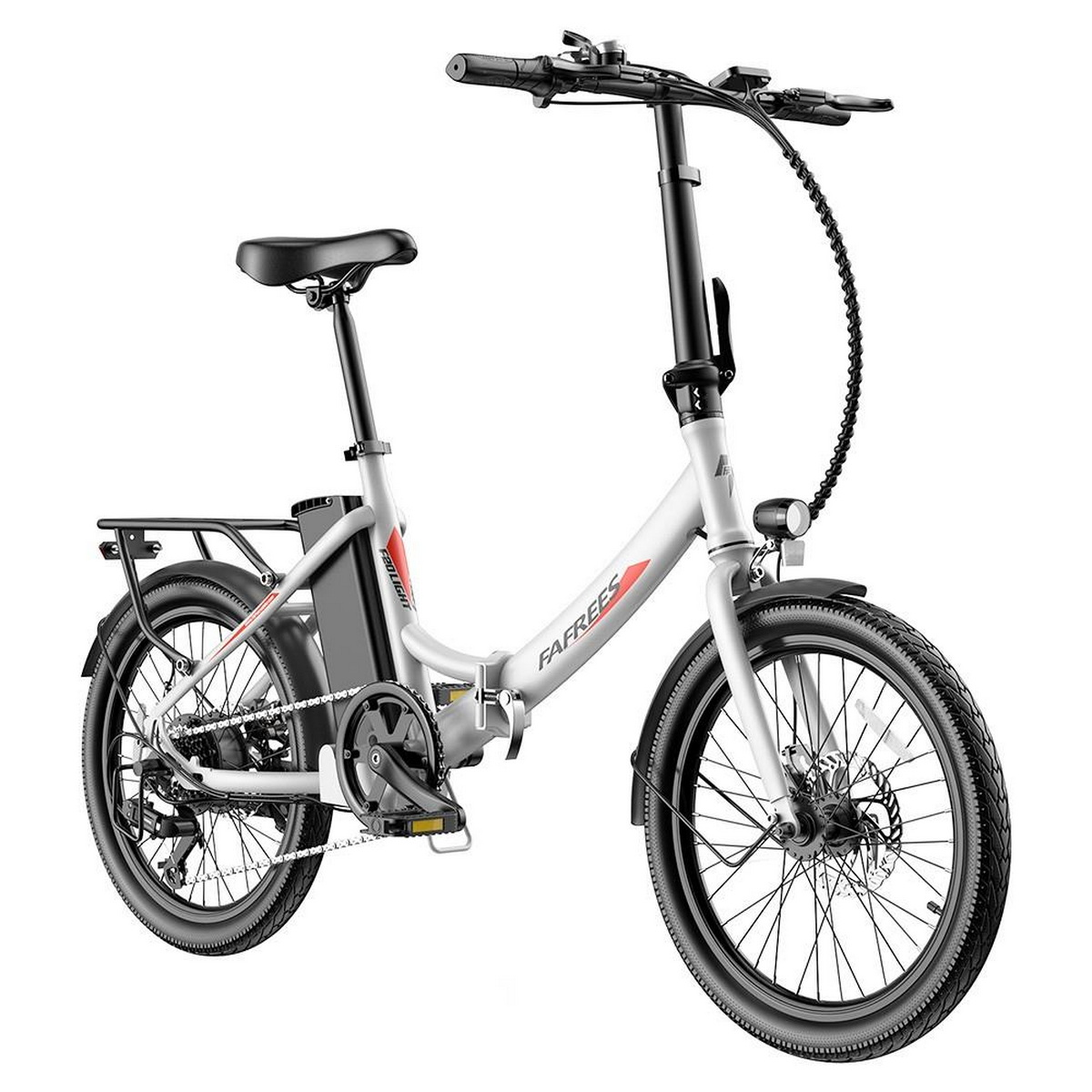 Weißes und graues Elektrofahrrad auf weißem Hintergrund. Das Fahrrad hat einen schwarzen Sitz und Reifen.