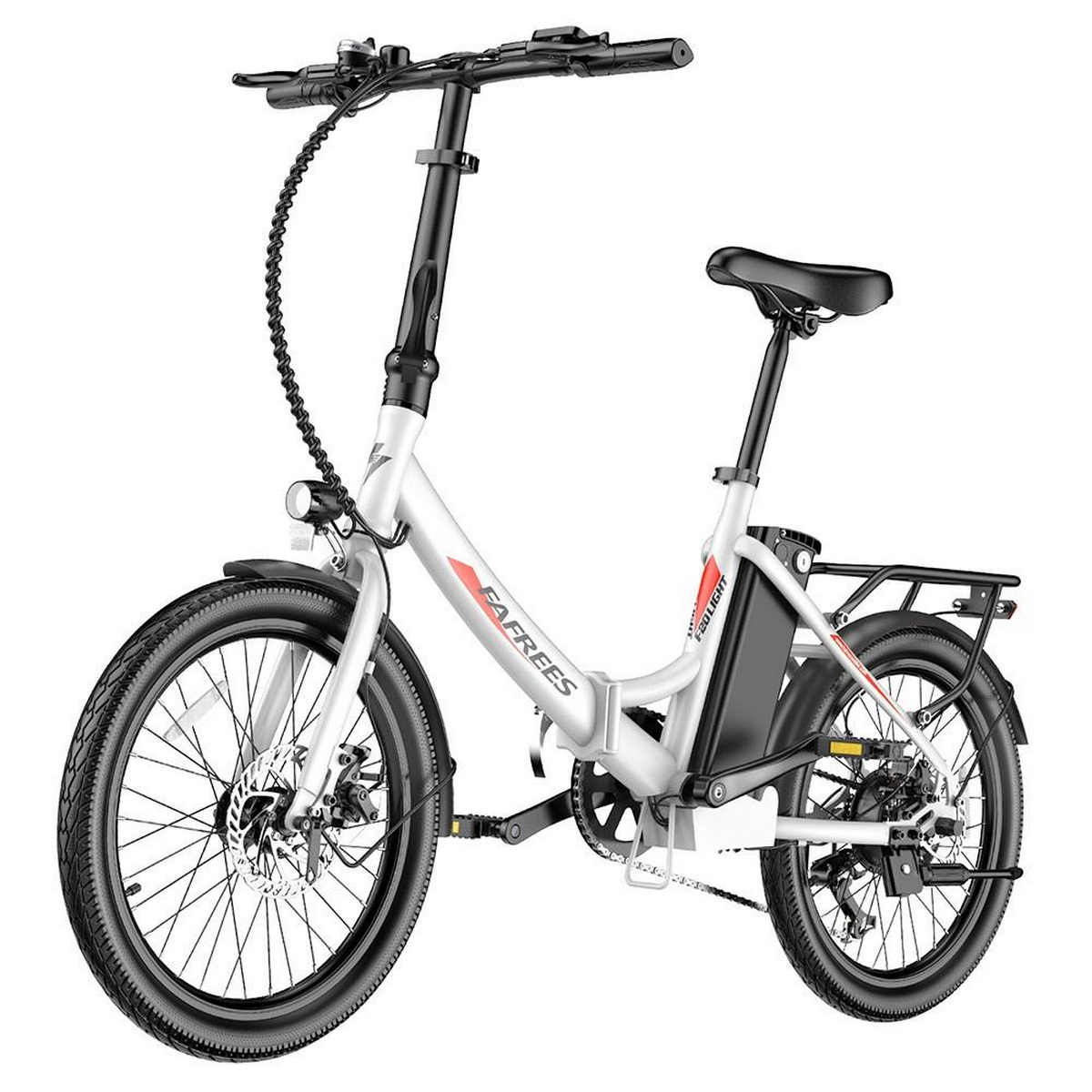 Weiß-schwarzes E-Bike mit roten Akzenten. Aufrechte Position.