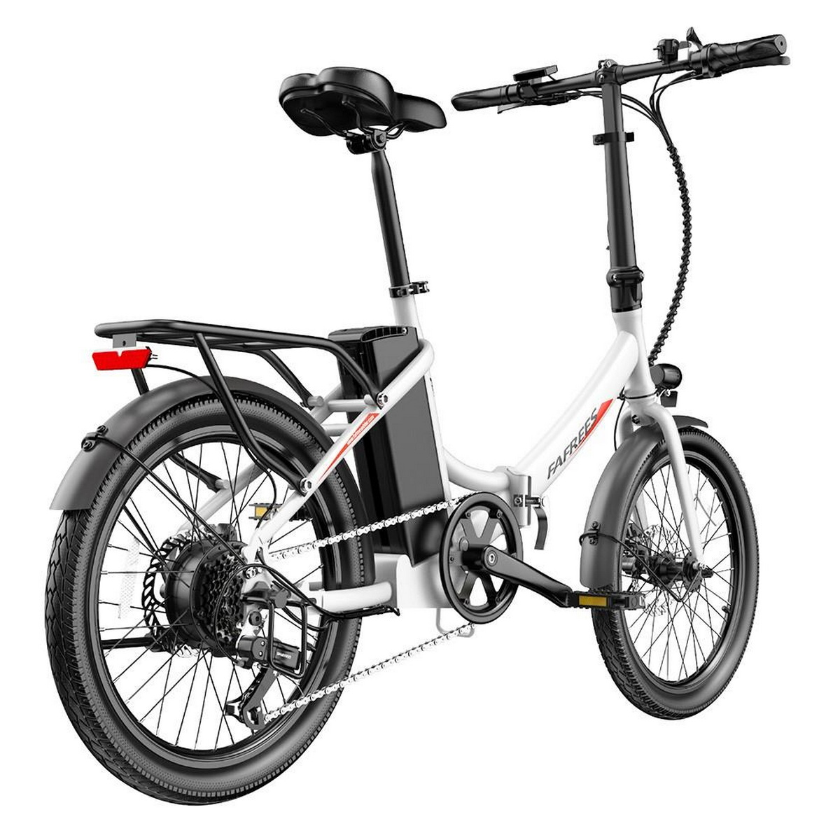 Weißes und schwarzes Elektrofahrrad mit schwarzem Akku und Gepäckträger.